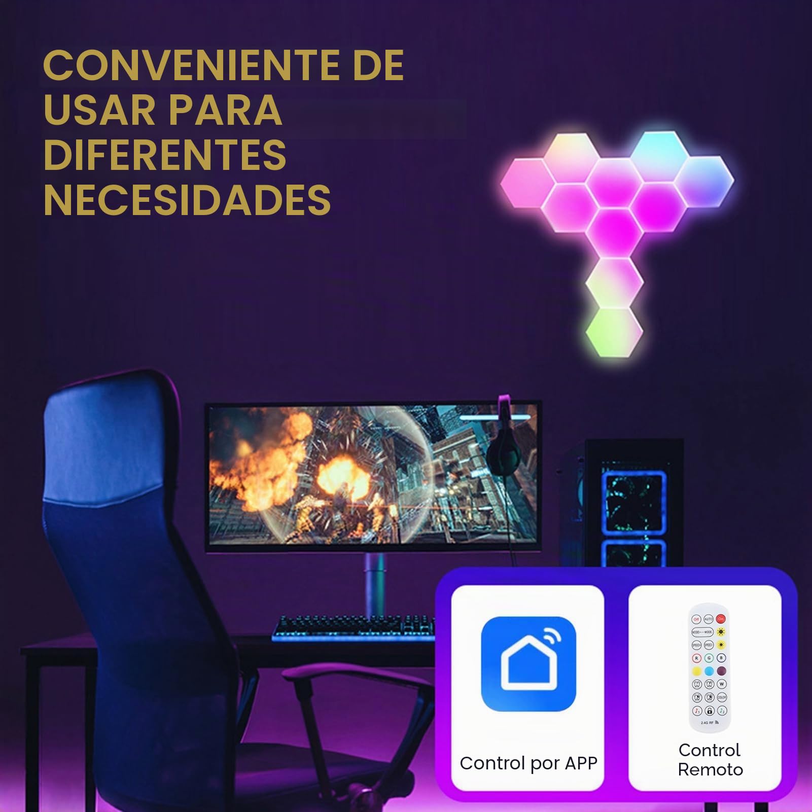 8PCS Hexagonal LED Pared Luces, Paneles LED con Smart Control Remoto, RGB Neon Pared Inteligentes Luz Nocturna, música y sincronización de pantalla, para Gaming dormitorios Sala Fiesta Decoracion
