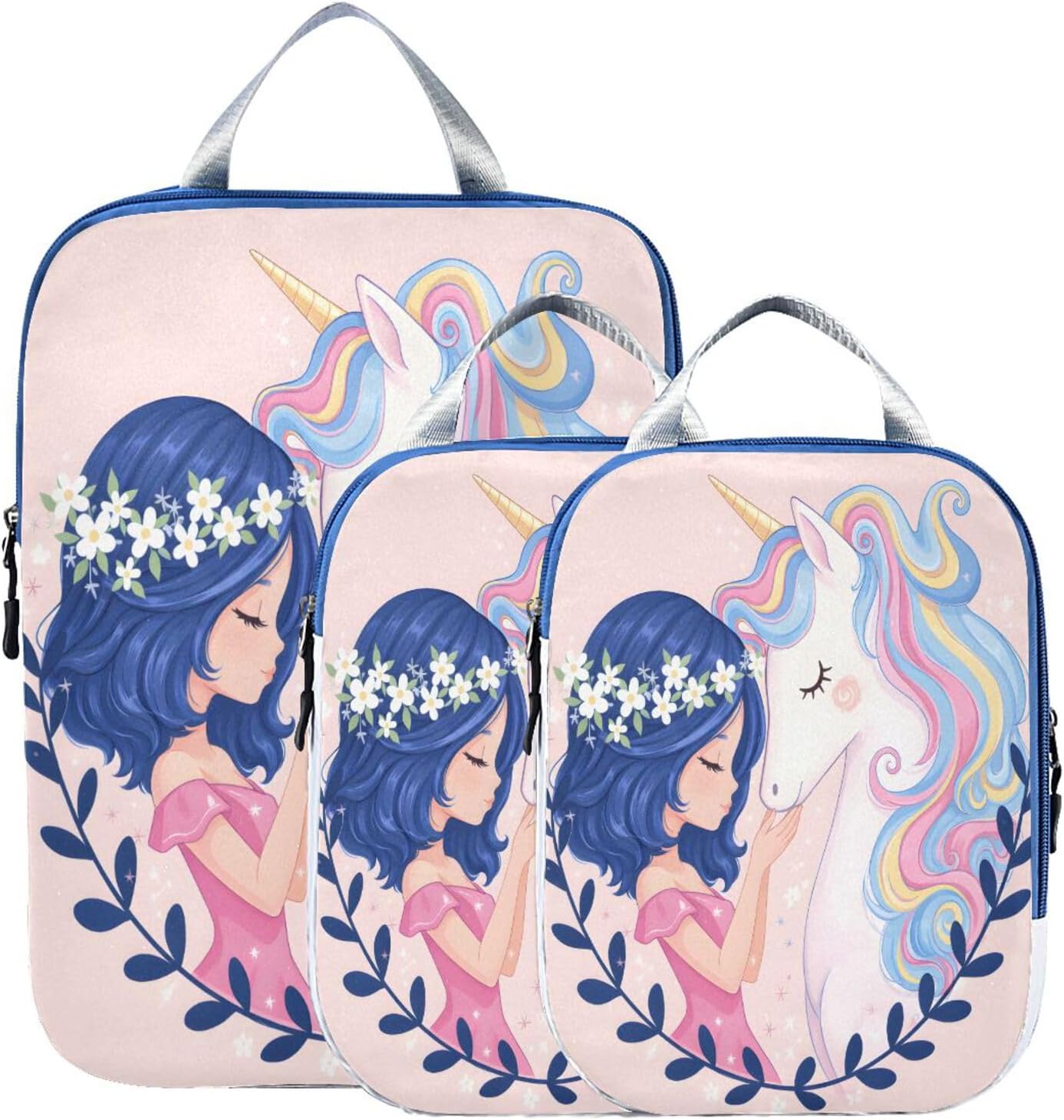 MNSRUU Packing Cubes Cute Girl And Unicorn Compression Luggage Cubes Packing Bags Travel Organizer for Suitcases, 3 PCS