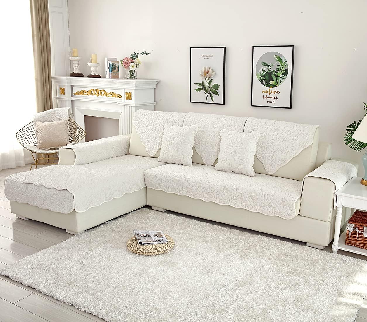 vctops Velvet Quilted Couch Sofa Cover, Soft Sectional Couch Covers, Non-Slip Sofa Slipcover for Dogs Cats Pet Love Seat Recliner Leather L Shaped, Armrest Backrest Cover (Cream,28"x70")