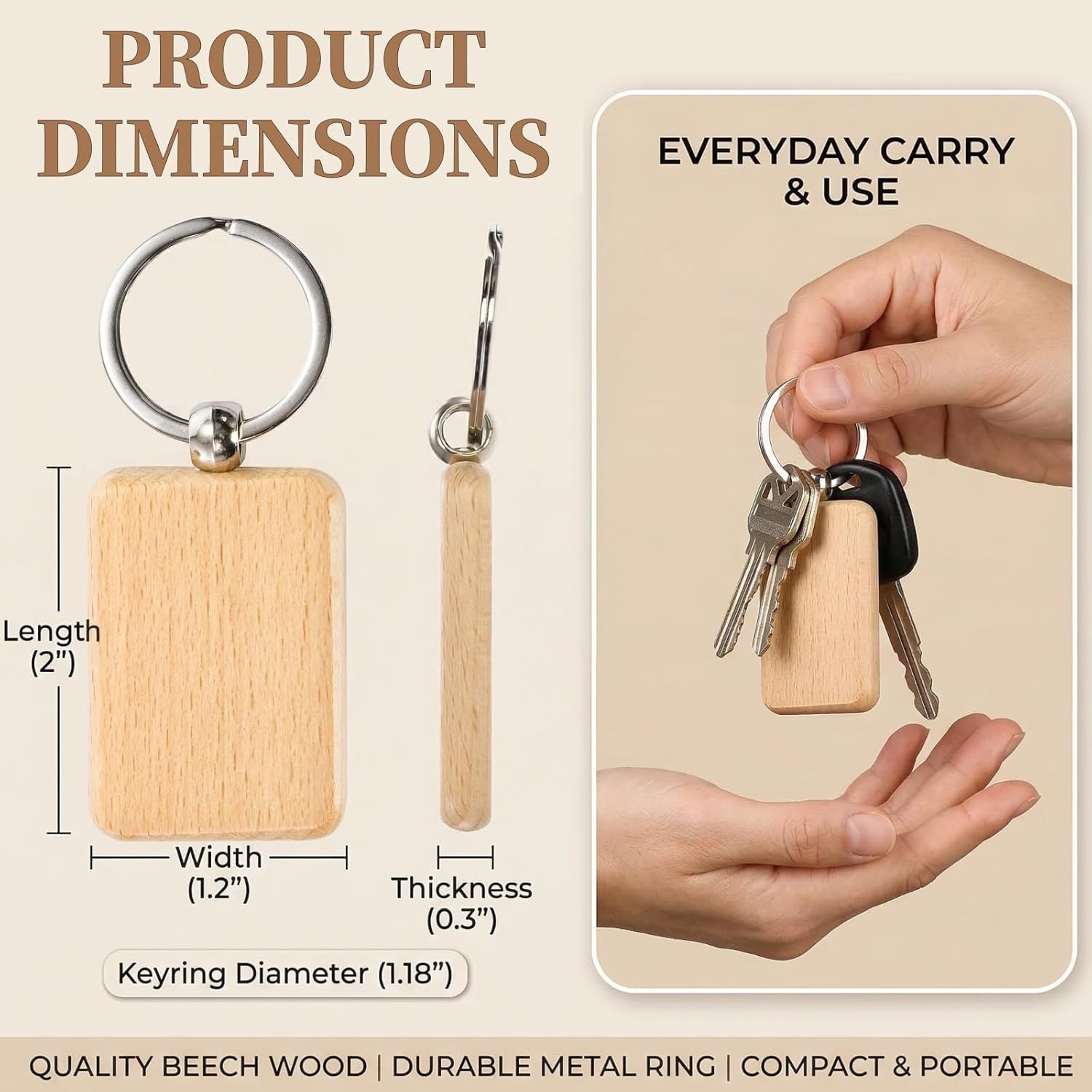 WRINGKIT 50 Pieces Wood Keychain Blank, Unfinished Laser Engraving Blanks with Key Rings, Rectangular Keychain Ring Tag Wood Sign Bulk for DIY, Crafts Gift, Pet Tags