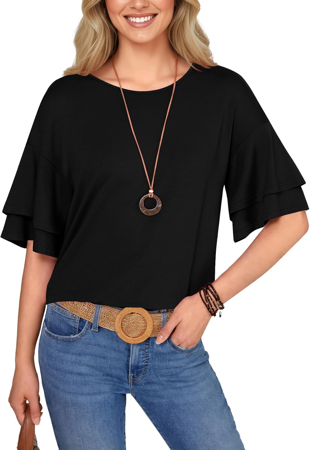 OPOIPIN Women's Ruffle Short Sleeve Round Neck Loose Fit Dressy Casual Blouse Top - Image 3