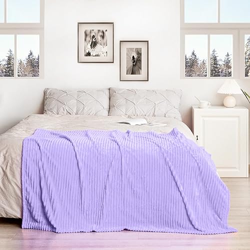 Miniatura 2 de Vessia - Manta de franela y forro polar para sofá, cama, 300GSM, manta rayada lavanda para adultos y niños, súper suave, cálida, acogedora, ligera,