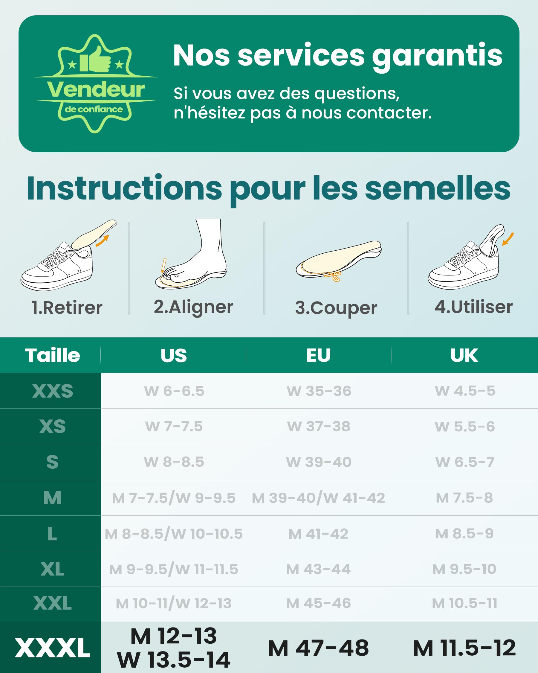 Semelles de soutien QBK pour la fasciite plantaire Semelles rembourrées pour chaussures pour la tendinite d'Achille Pieds plats Métatarsalgie Voûte plantaire élevée 3XL