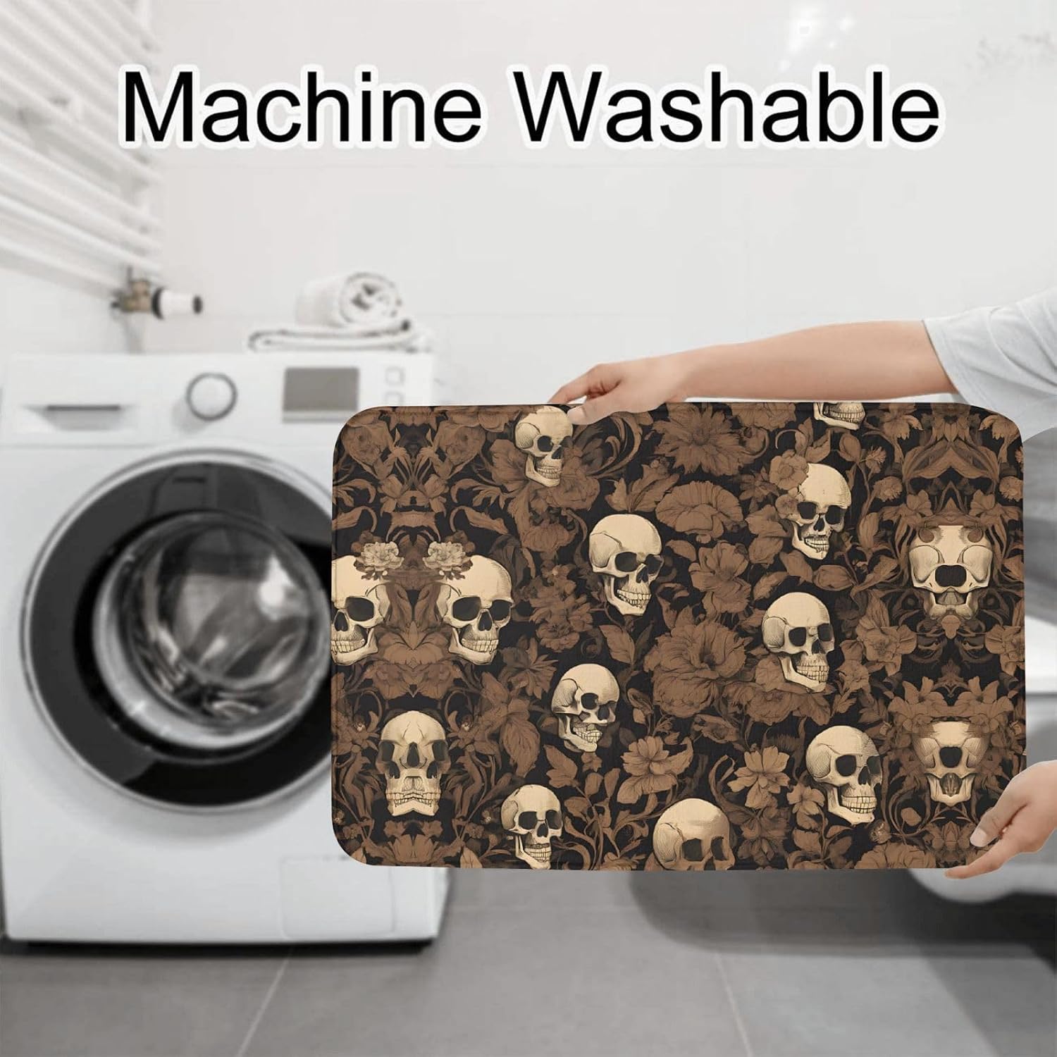 Gothic Wallpaper Skull Print 3pc Bathroom Rug Set, Soft Flannel, Non-Slip, Absorbent Bath Mat, Contour & Lid Cover, Hand Wash