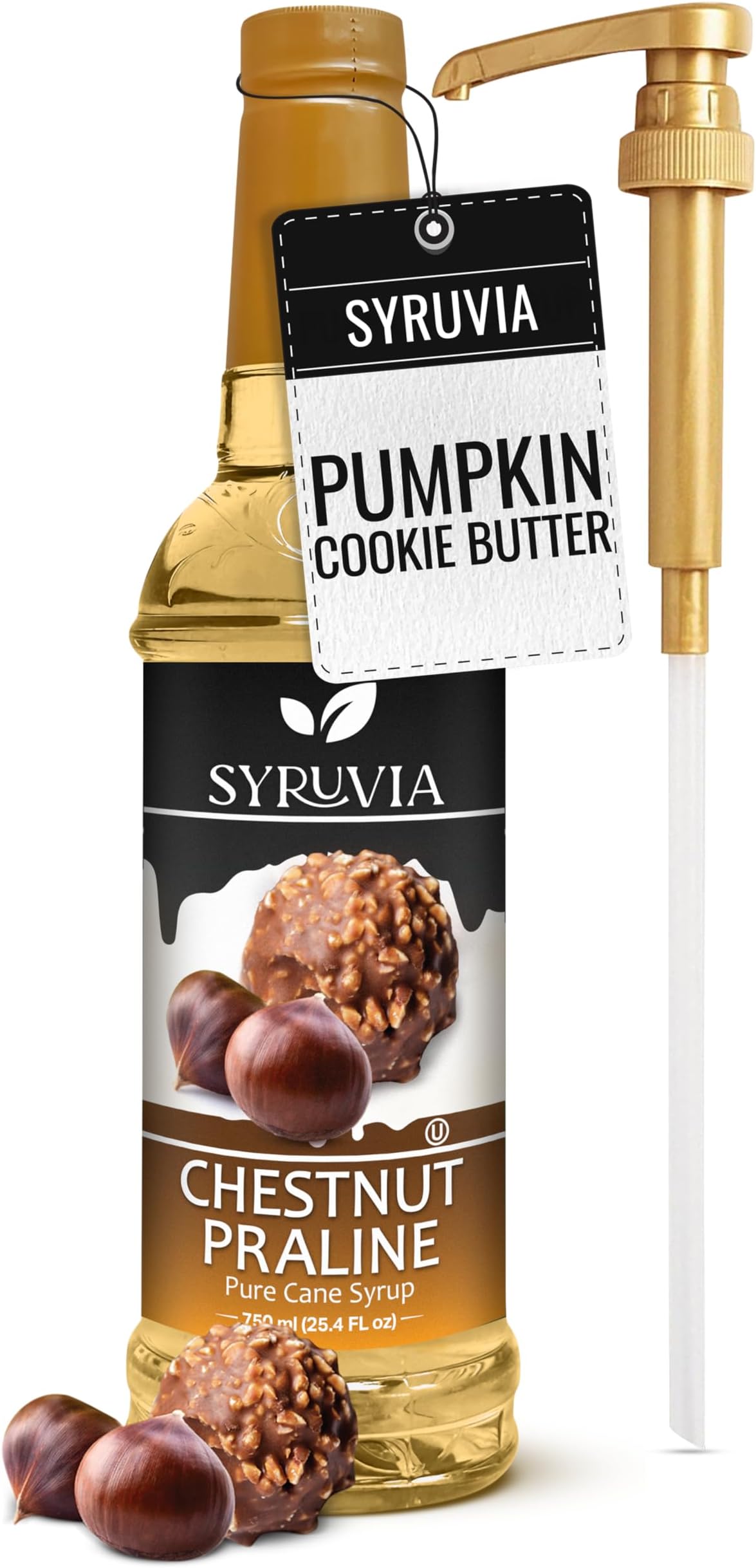 Syruvia Coffee Syrup, Chestnut Praline Flavored Syrup for Drinks, Lattes, and Desserts – 25.4 fl oz - with Pump