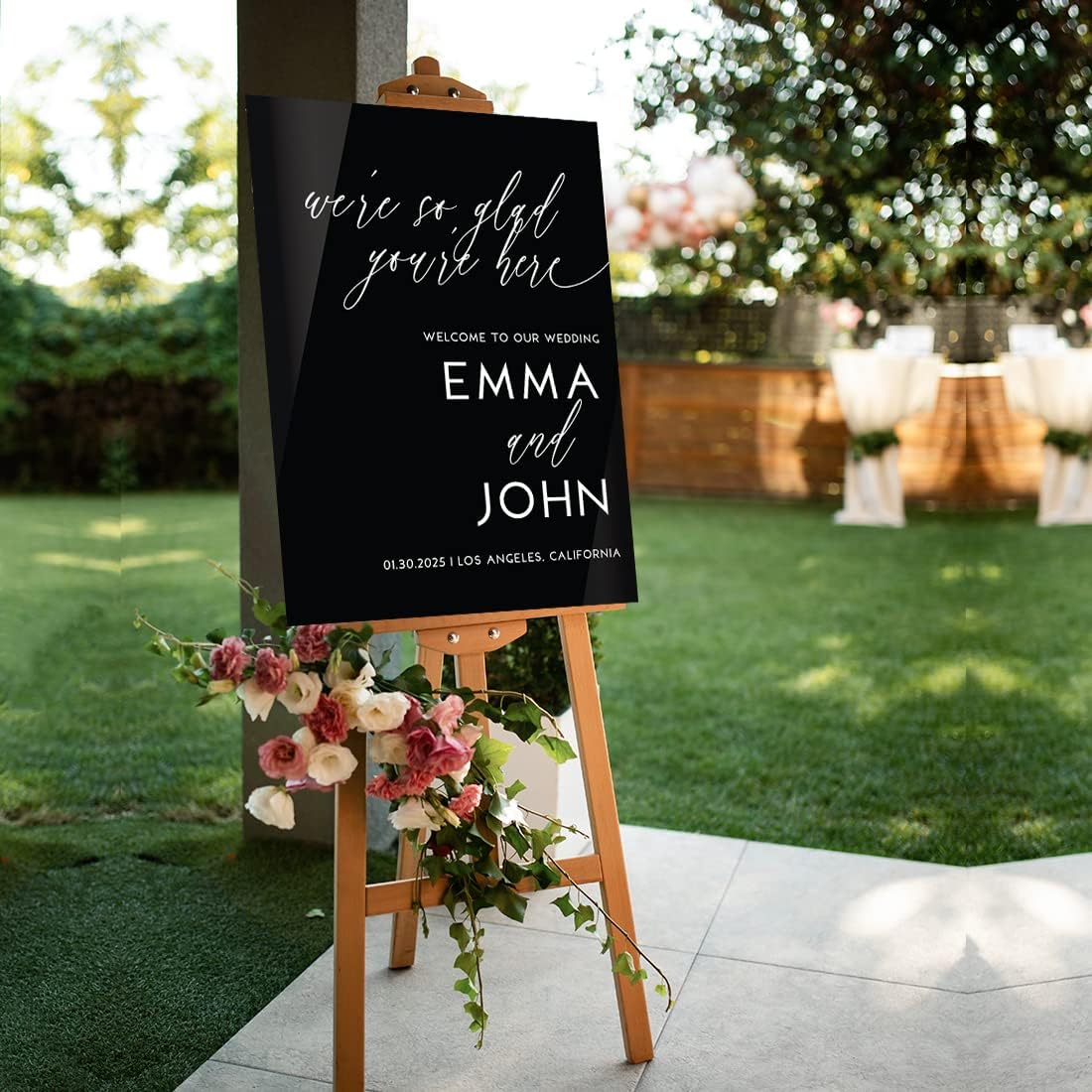 Andaz Press Personalized Welcome To Our Wedding Sign, Romantic Modern 16" x 20" Custom Black Acrylic Wedding Welcome Sign for Reception, Ceremony, Easel Stand