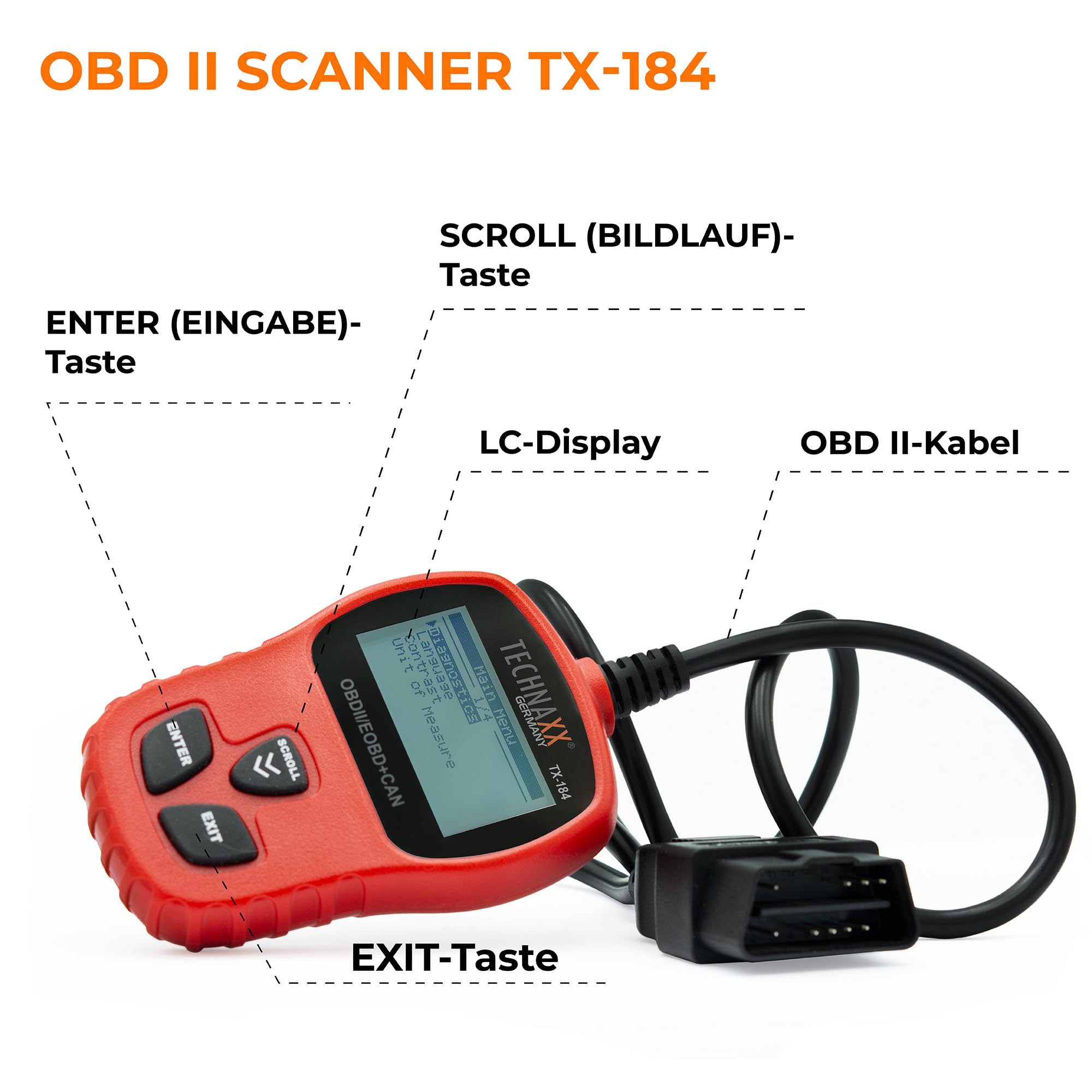 Technaxx Lecteur de Code OBD II TX-184 - Outil de Diagnostic Automobile Multilingue avec Récupération VIN/CIN/CVN, Lecture & Effacement des Codes d'Erreur, Compatibilité Véhicules 1996+