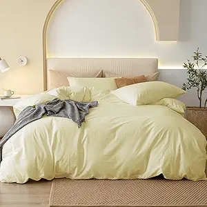 JIYUAN 100% Washed Cotton Duvet Cover Set 3 Pieces Cal King, 1 Duvet Cover 104x98 Inches(Comforter Not Included) and 2 Pillowcases,Linen Feel Bedding Set Comfy and Breathable,Light Yellow