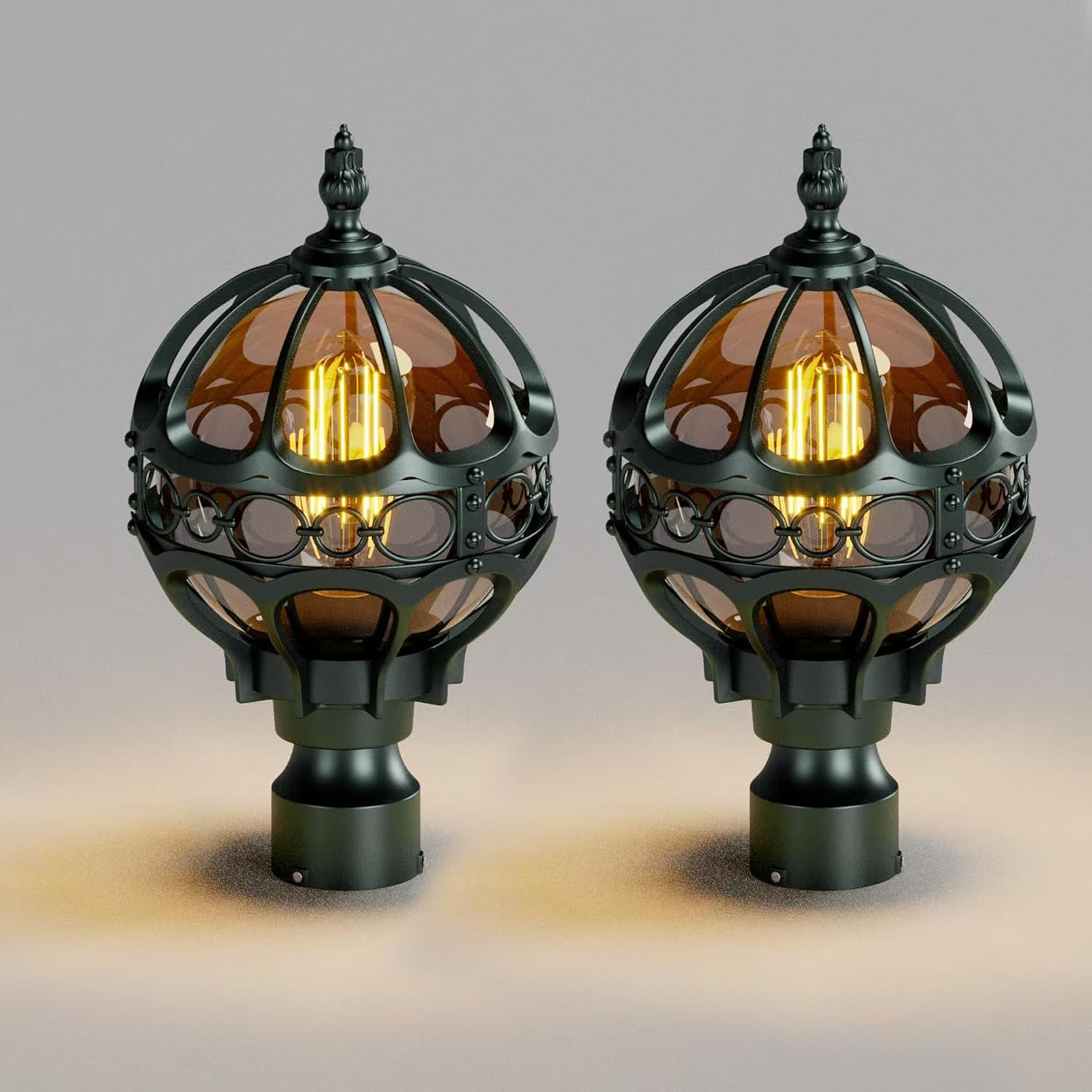 2 Pack Outdoor Globe Lamp Post Light Fixtures, 13.4" Green Sphere Post Top Lantern for Patio, Porch, Driveway, Hardwired Anti-Rust Aluminum Pillar Light with Amber Glass, Fits Standard 3" Post