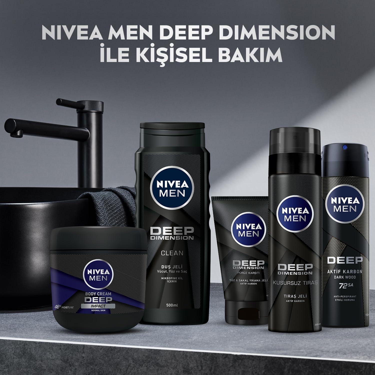 NIVEA Men Deep Dimension Duş Jeli 500 ml,3'ü 1 Arada Komple Bakım,Vücut, Saç ve Yüz için + NIVEA Men Boost Duş Jeli 500 ml, 3'ü 1 Arada Komple Bakım, Vücut, Saç ve Yüz,Kafein ile Canlandırıcı Bakım X2