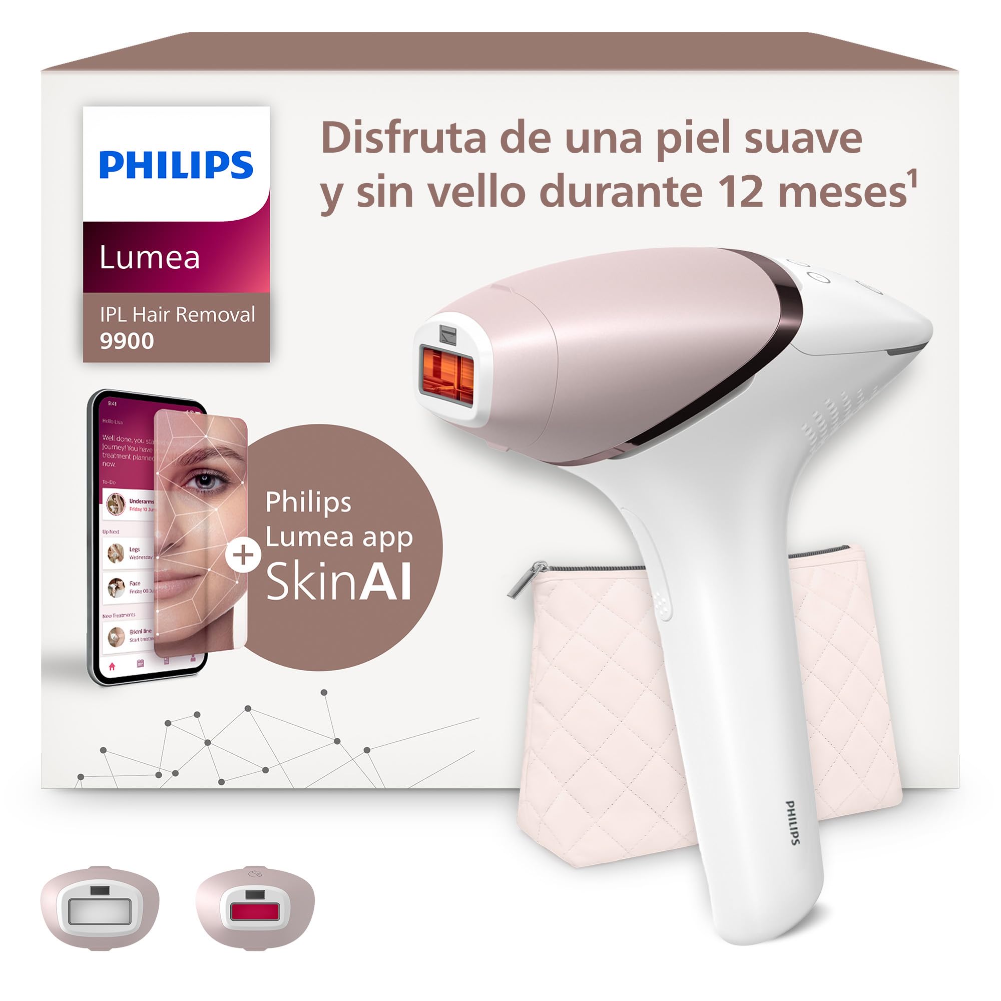 Philips Lumea serie 9900, dispositivo de depilación IPL, alternaternativa a la depilación láser, tecnología SenseIQ y SkinAI, 2 accesorios para cuerpo y rostro, BRI950/02.