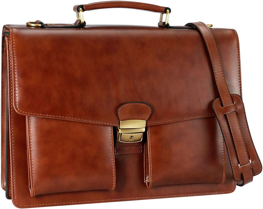 Leather Briefcase for Men Cowhide Laptop Briefcase with Lock 14 inch Brown