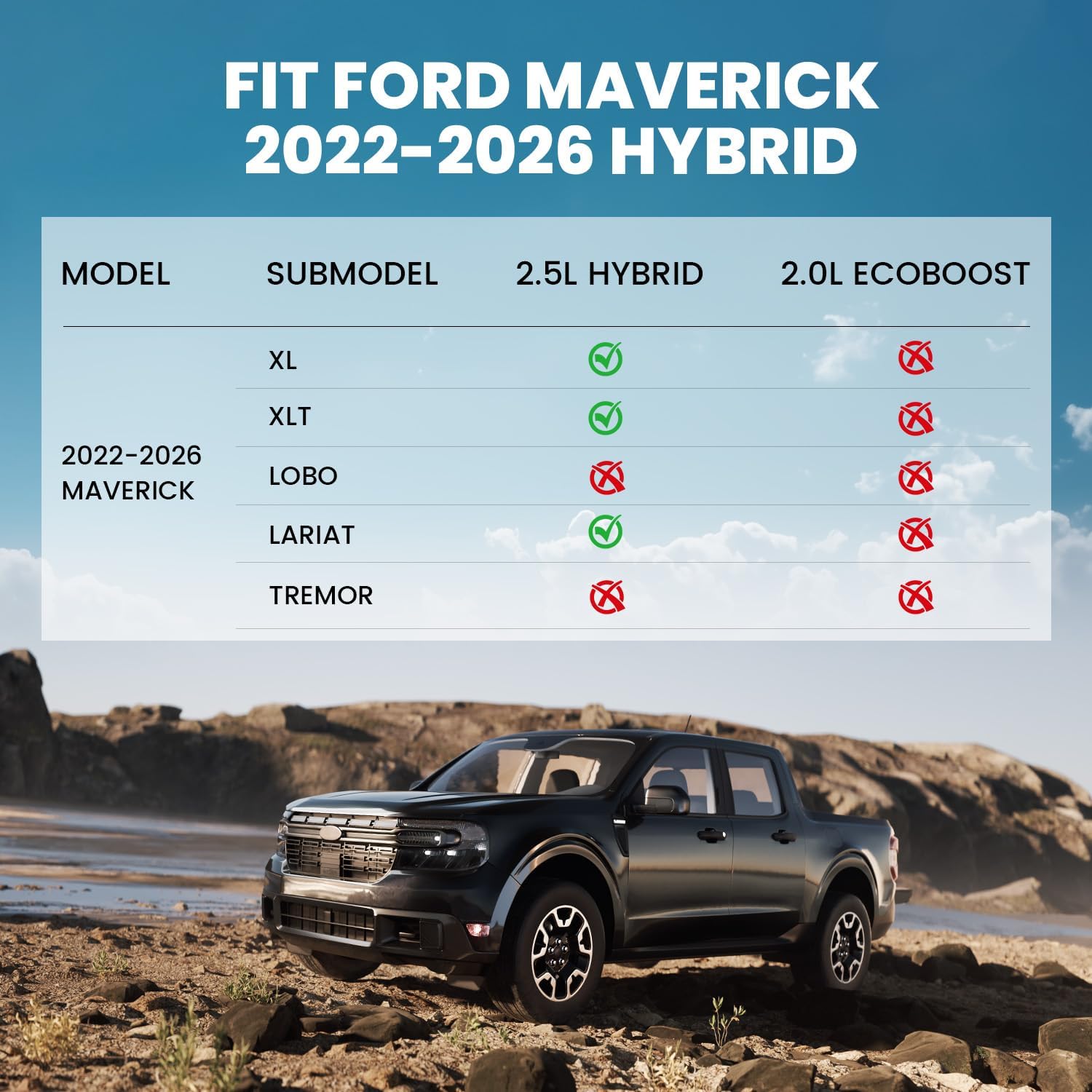 LASFIT Floor Mats for Ford Maverick 2026 2025 2024 2023 2022 (Hybrid Models Only) All Weather Car Mats TPE Truck Liners Vehicle Accessories for Ford Maverick - 1st & 2nd Row, Black - Image 2