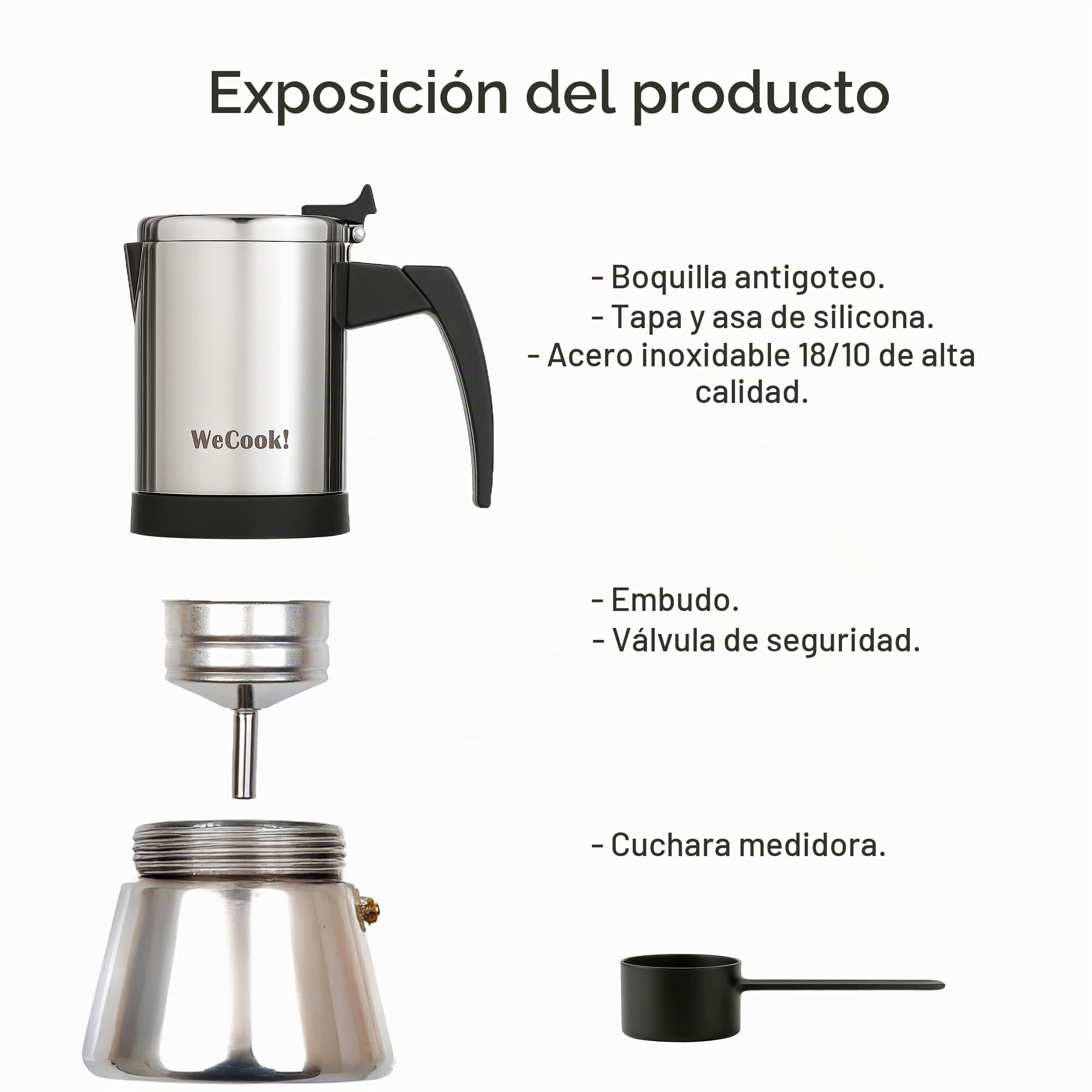 WECOOK! Cafetera Italiana Inox 18/10 Inducción, Plateado-Black, 9 tazas | Acero inox 18/10, compatible gas, vitrocerámica y eléctrica, mango baquelita Soft-Touch, válvula níquel, cuchara medidora
