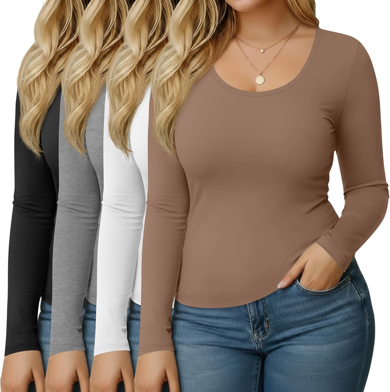 4 Pack Women's Plus Size Long Sleeve Shirts Scoop Neck Slim Tops Stretchy Casual Un...