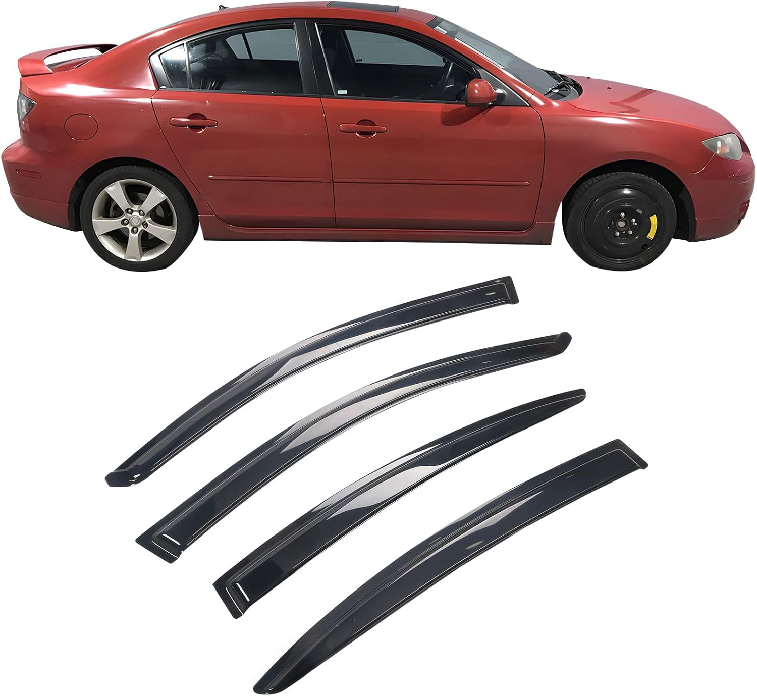 IKON MOTORSPORTS Window Visors Compatible with 2004-2009 Mazda 3 Sedan, Tape On Dark Smoke Slim Style Acrylic Car Rain Sun Side Window Shade Guard Visor 4PCS