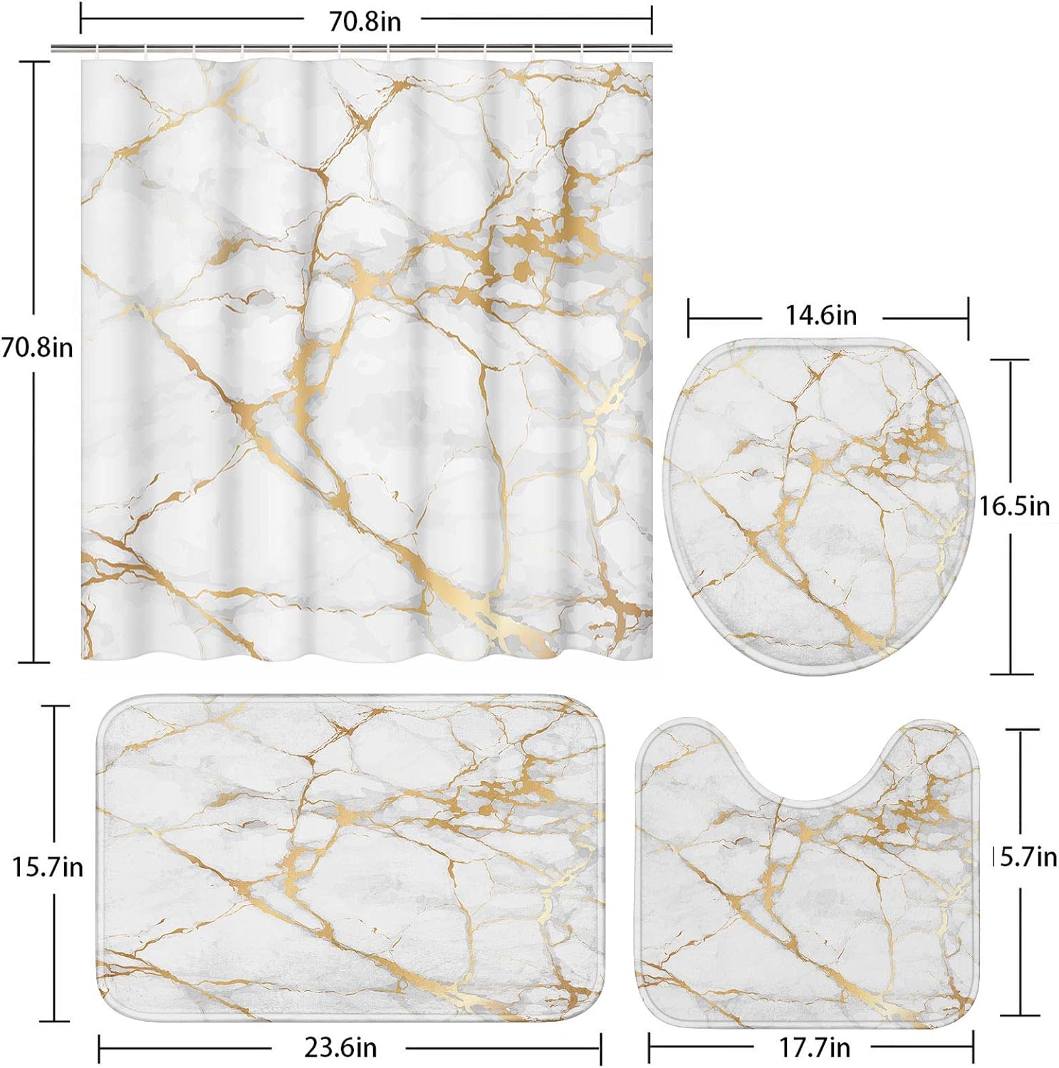 ArtSocket 4 Pcs Shower Curtain Set Marble Gold White Black Geometric Rose Stone Abstract Modern Vintage White Golden with Non-Slip Rugs Toilet Lid Cover and Bath Mat Bathroom Decor Set 72" x 72"