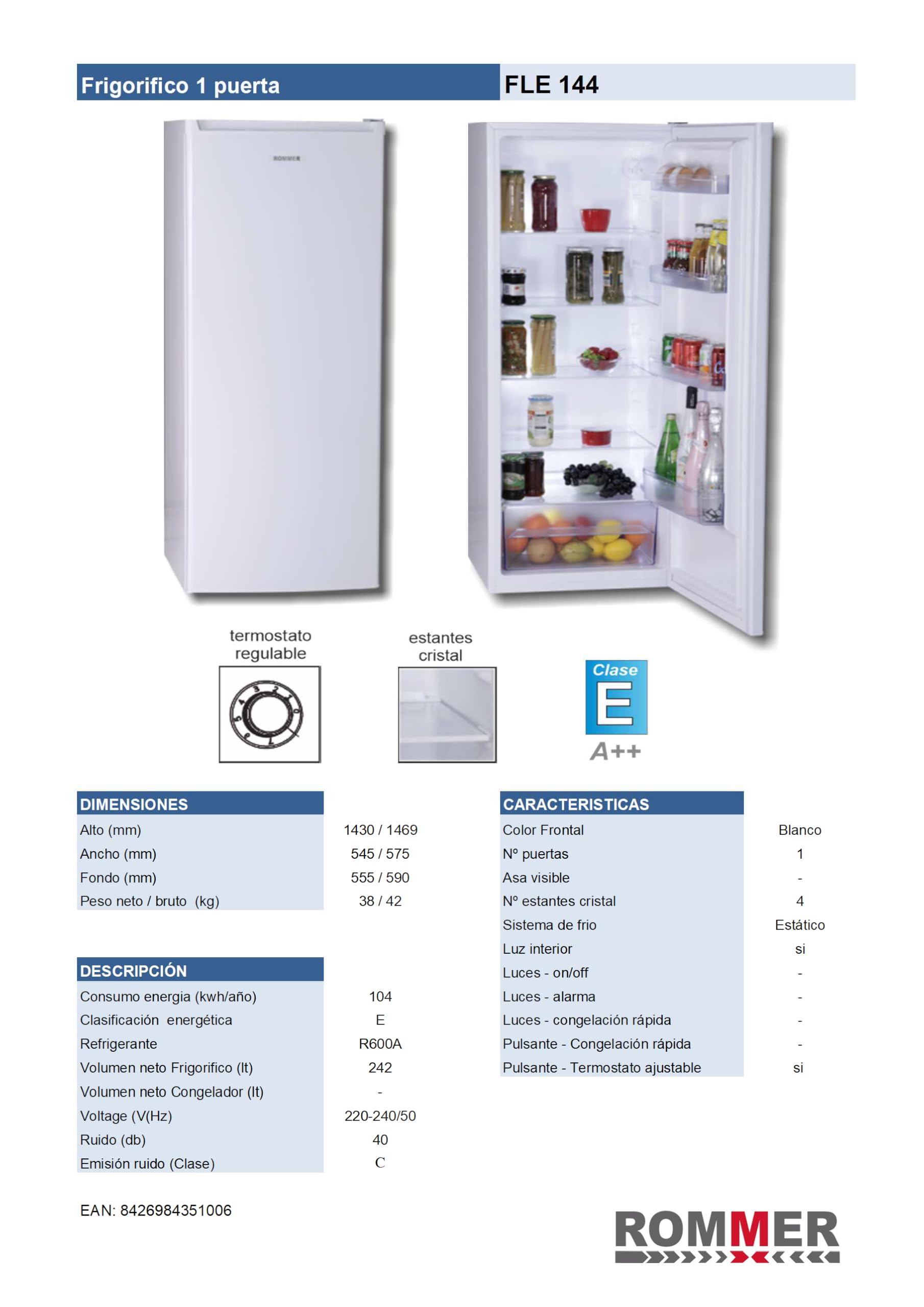 ROMMER Frigorifico FLE 144, capacidad 242 litros, Blanco