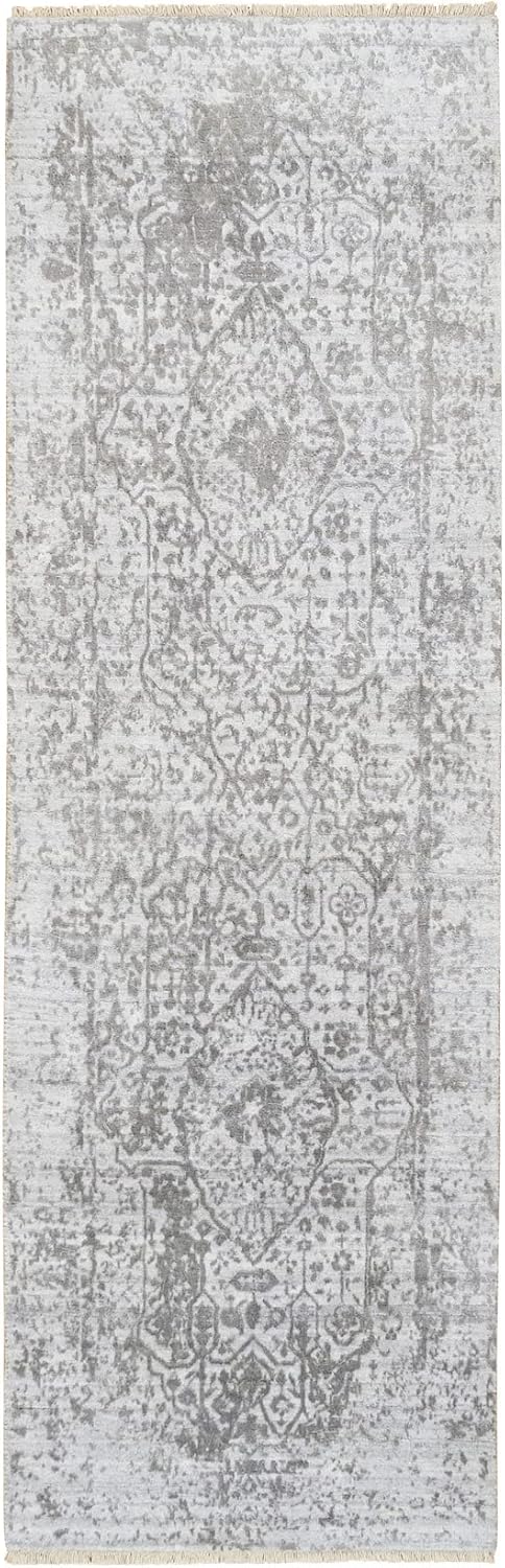 Gray Broken Design Wool and Pure Silk Hand Knotted Runner Oriental Rug (2'6"x8')