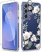 Vista 94 de GVIEWIN Funda protectora para Samsung Galaxy S25, transparente floral, delgada, a prueba de golpes, para mujer, no se pone amarilla, con protector