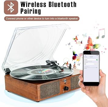 Vinyl Record Player Bluetooth Vintage 3-Speed Portable Turntables with Built-in Speakers, Belt-Driven LP Player Support USB Recording AUX-in RCA Line Out