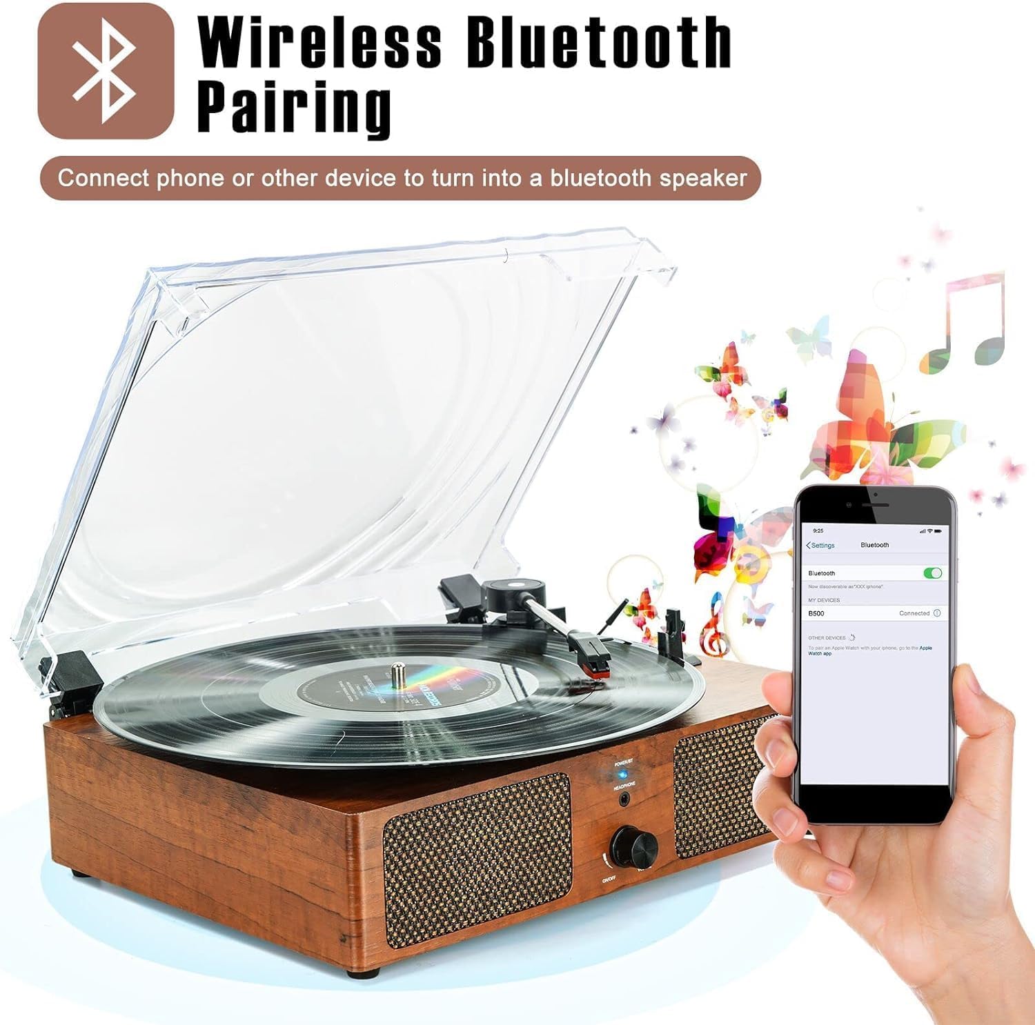 Giradischi in vinile Bluetooth con altoparlanti integrati Supporto Uscita RCA USB Aux In cuffia Auto-Stop Fonografo portatile a cinghia a 3 velocità per intrattenimento e decorazione