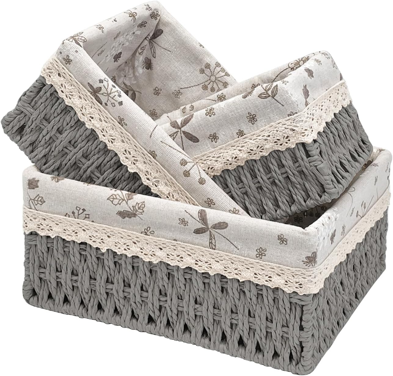 Wicker Storage Baskets Set of 3, Handwoven Paper Rope Organizer Bins with Removable Floral Liner, Small Medium Large for Bathroom, Pantry, Shelf, Countertop, Closet (Gray, L+M+S)