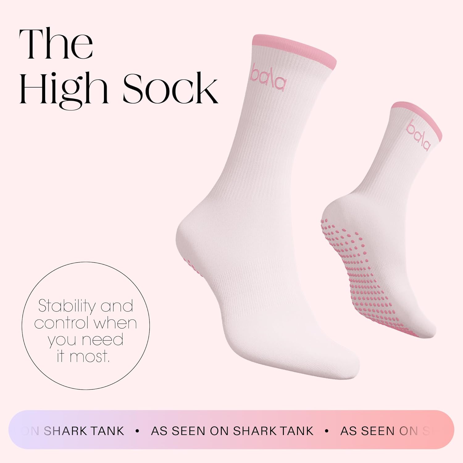 Bala High Sock with Grips - Classic Crew Slip-Free High Socks Designed for Yoga, Pilates, Barre & Home Workouts - Lightweight