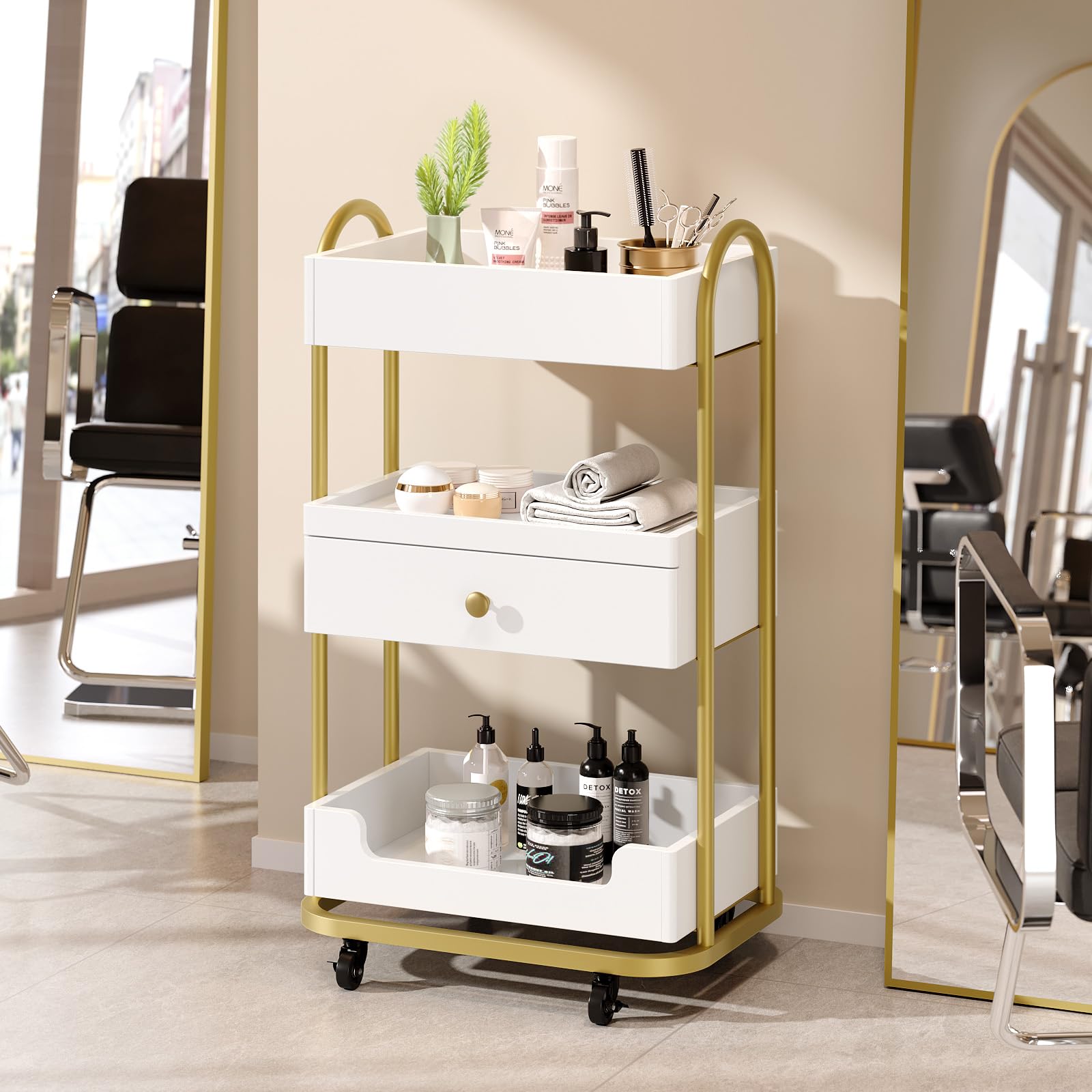 Bonnlo Chariot de Coiffure, Chariot de Salon Professionnel 3 Étages avec Tiroir, roulettes Verrouillables, Plateau Supérieur Plat avec Bordure, pour Esthétique, Spa, Studio Ongles, Blanc et Doré