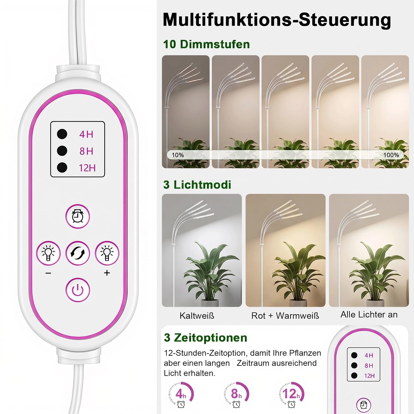 ERWEY Lampe Horticole, LED Lampe Plante Interieur avec Minuterie 4/8/12H, Spectre Complet Réglable, Hauteur Réglable 63–180 cm, pour Germination Croissance Floraison Végétale