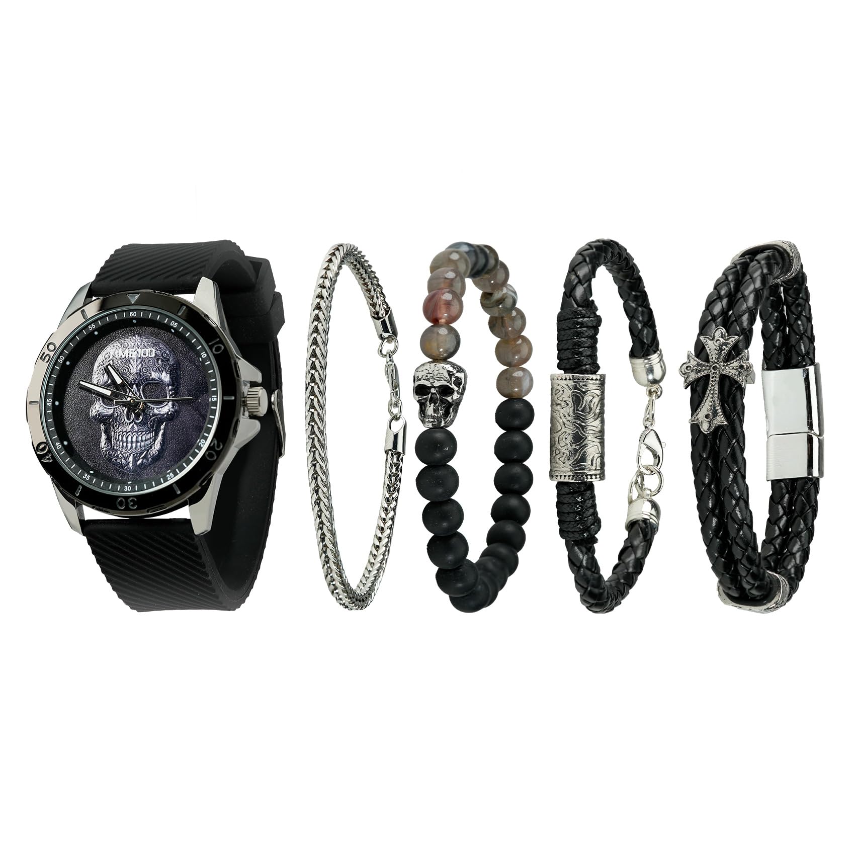 TIME100 Set de Regalo para Hombre, Reloj Hombre con Pulsera, Diseño de Calavera, Correa de Silicona, Elegante Regalo para Navidad y Cumpleaños