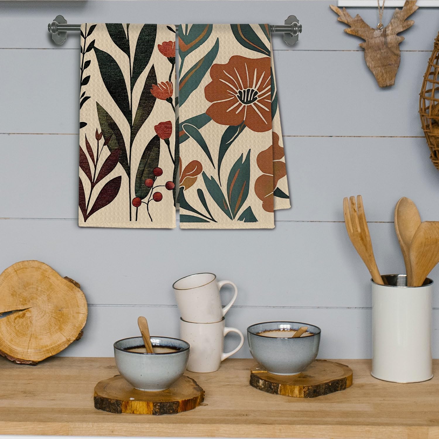 Vintage Boho Floral Kitchen Towels, Abstract Wildflower Botanical Dish Towels Drying Cloth for Kitchen, Mid Century Modern Boho Hand Towels for Bathroom, 16x24 Inch Set of 2 - Image 4