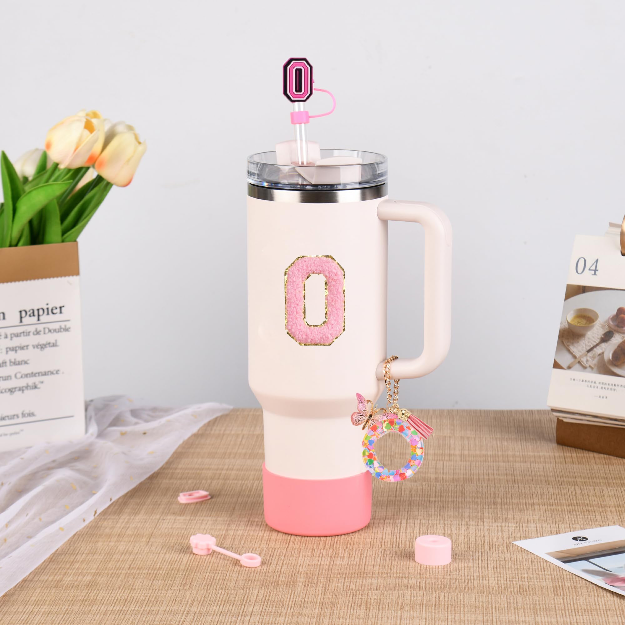 4PCS Stanley Cup Accessories Set - Silicone Straw Covers, Topper Cap, Boot & Initial Charm (Purple Letter D) - View #9