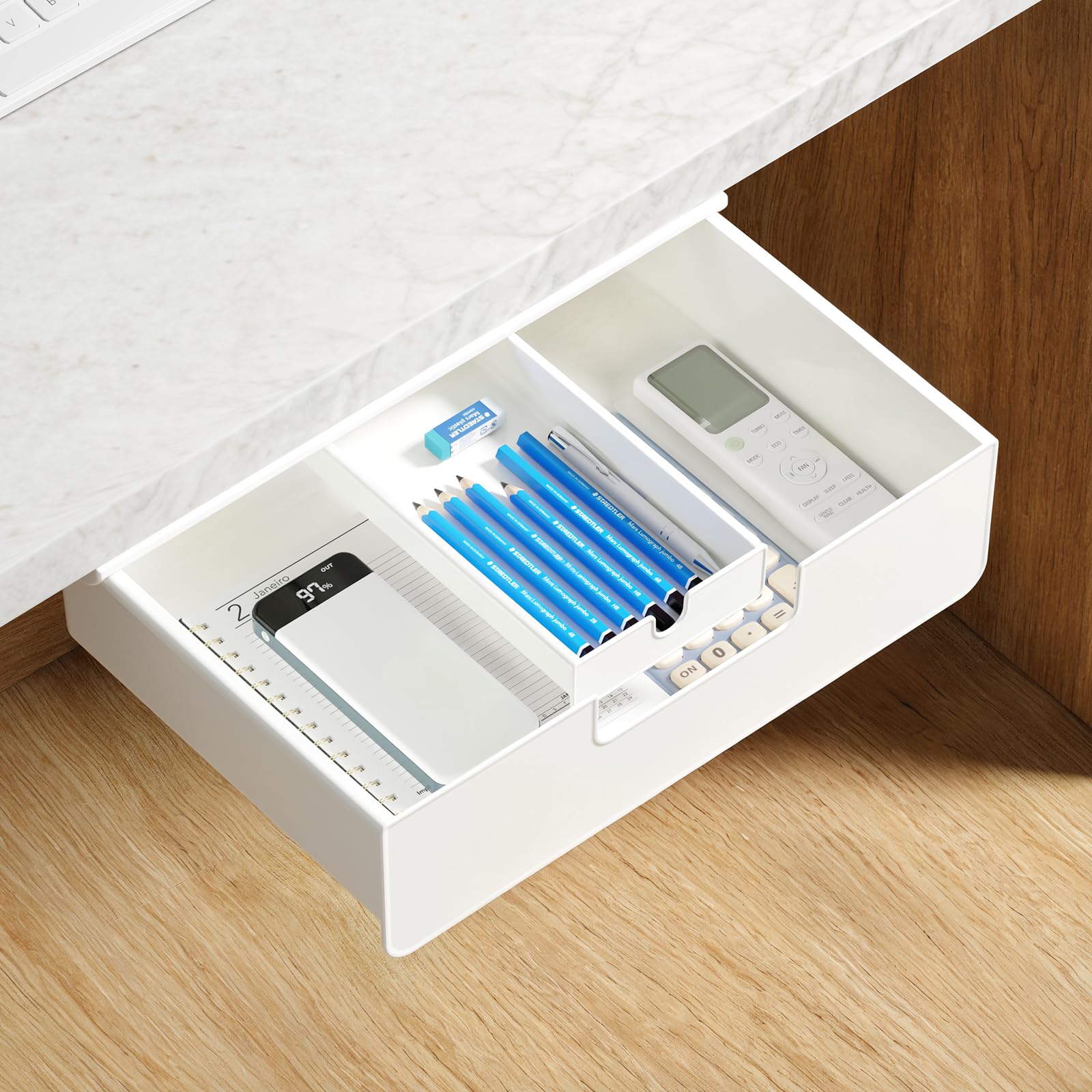 FRETONBA Under Desk Drawer Large Capacity, Slide Out Hidden Under Table Storage, Under-Desk Tray with 2 Mounting Options (Screws/Adhesive), Undermount Shelf Drawer for Office and Home, White