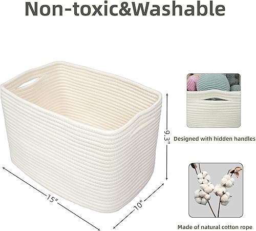Miniatura 72 de Cesta de almacenamiento de cuerda de algodón, cesta tejida para organizar estantes, 15 x 10 x 9.3 pulgadas, cestas decorativas rectangulares