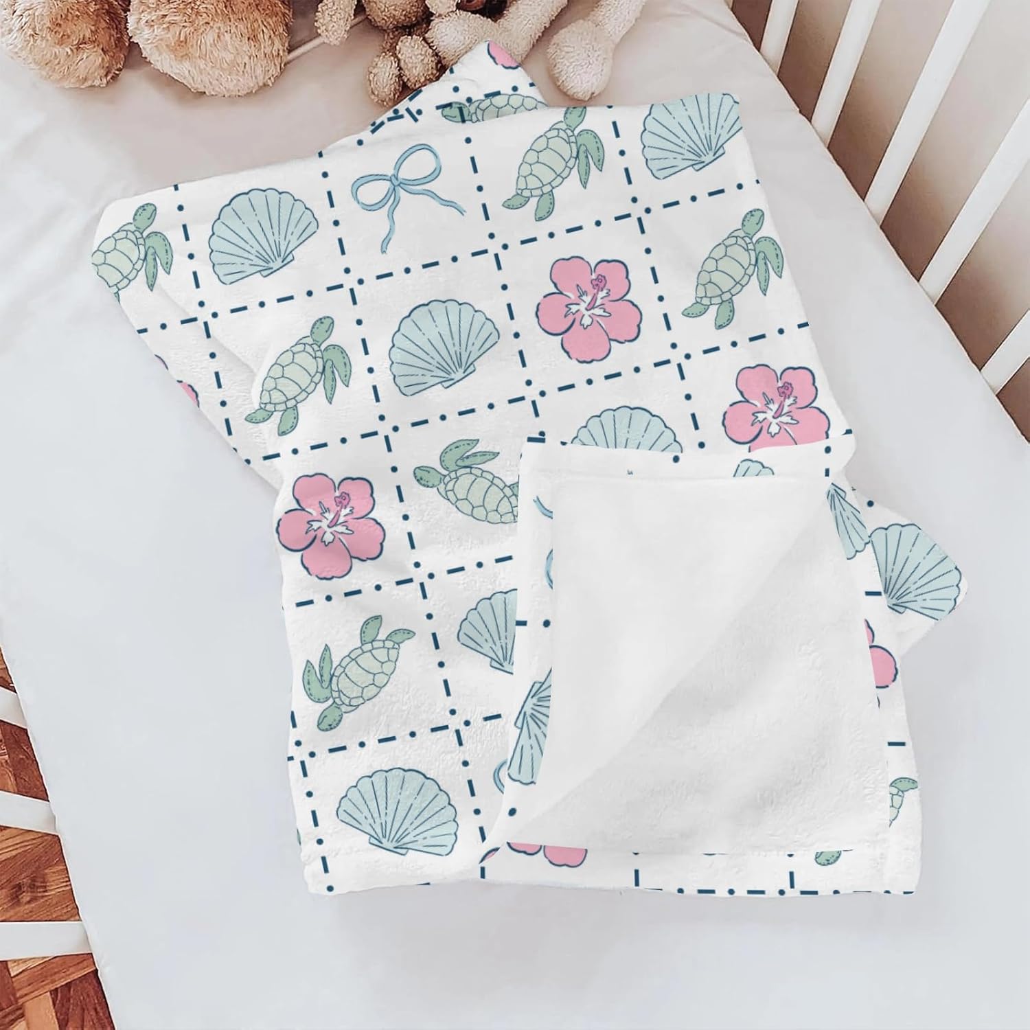 Boho Sea Turtles Seashells Bows Baby Blankets for Girl Boy Infant Newborn Toddler Nursery Crib Summer Turtles Tropical Flowers Swaddle Receiving Blanket Nautical Beach Bed Blankets Blue 60x80inch