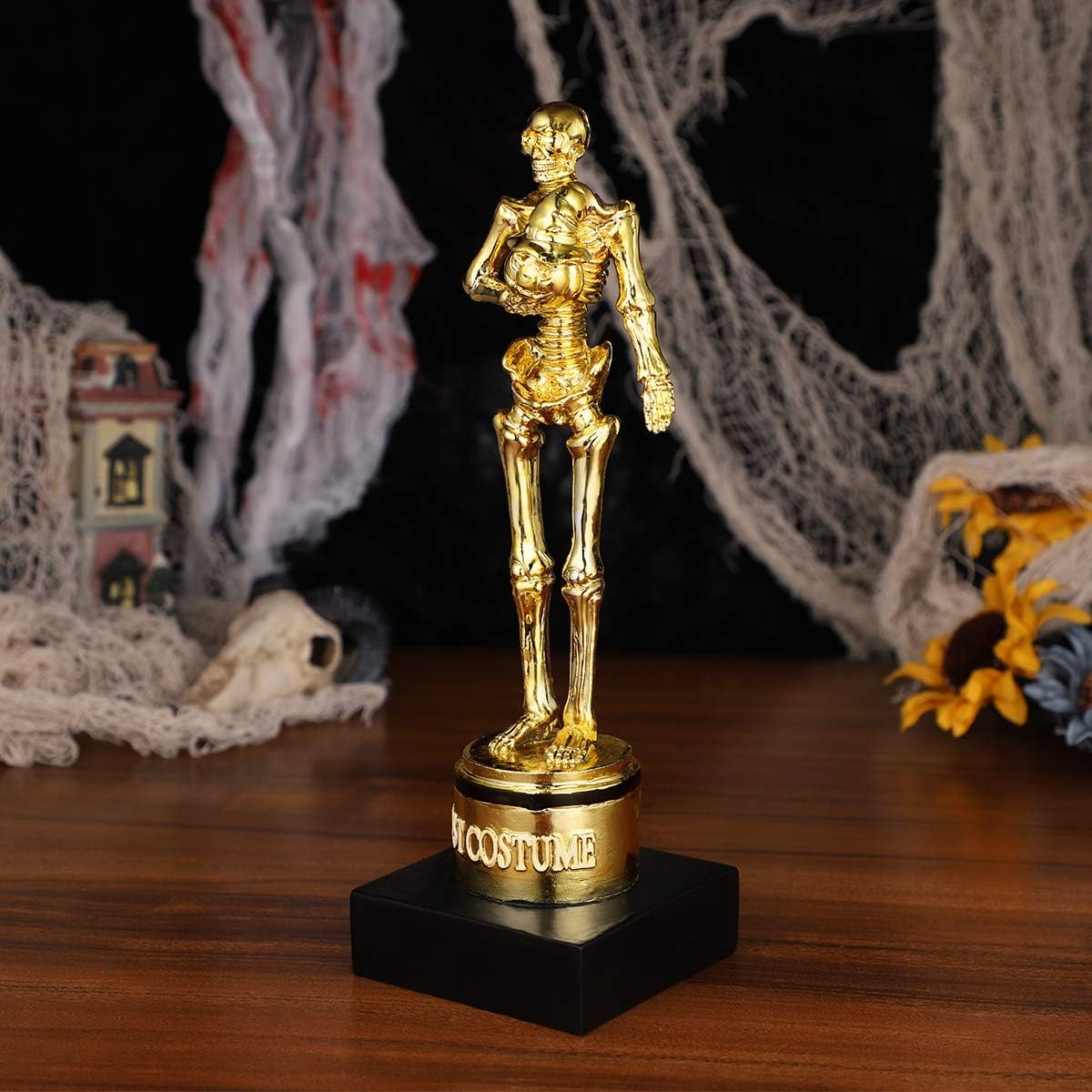 Toyvian 8.5" Halloween Best Costume Skeleton Trophy Awards, Resin Golden Bones Game Awards Skull Party Favor Prizes Halloween Costume Contest Trophies School Classroom Rewards Treats for Kids Adults