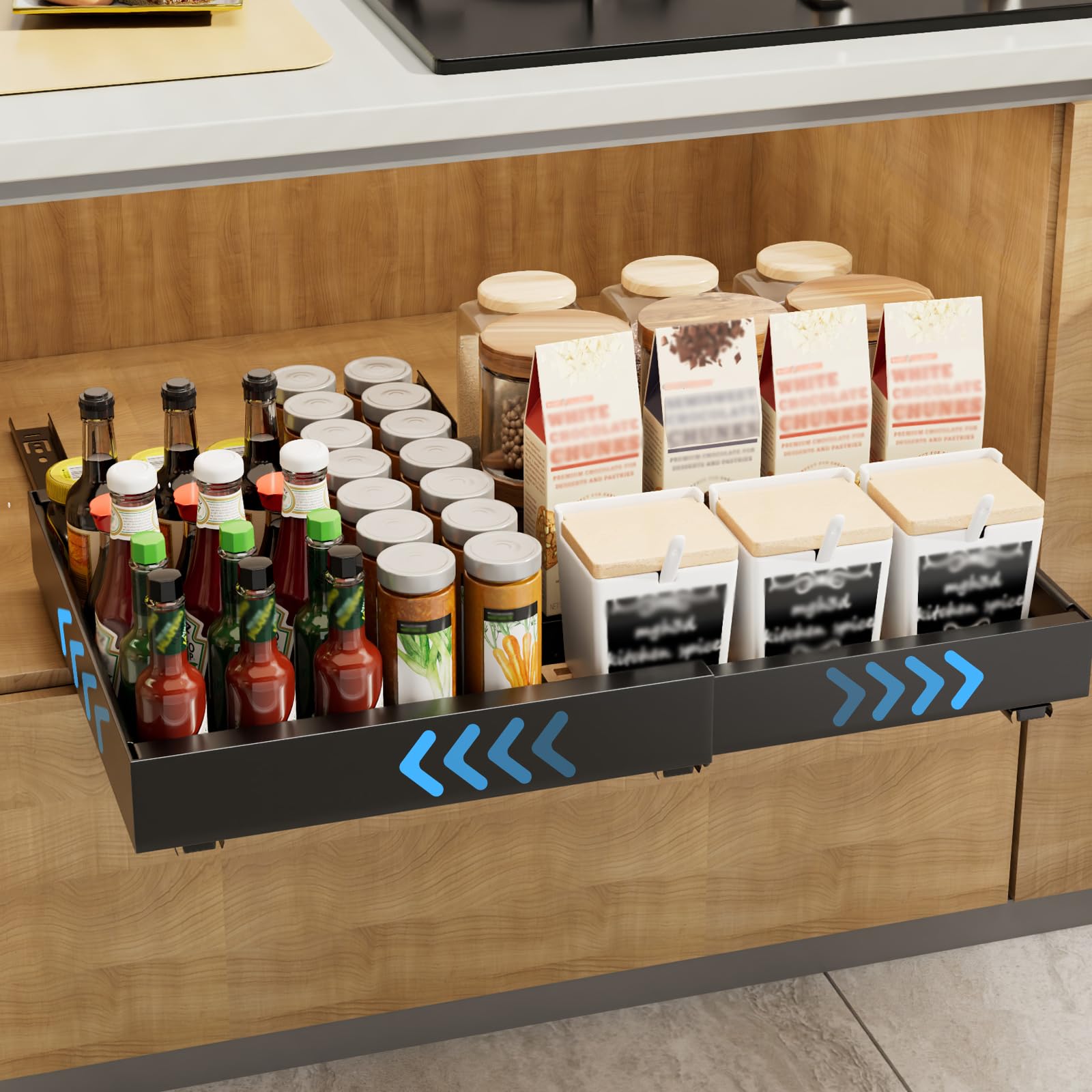 1 x Telescopic Drawer with Adhesive, Adjustable Width 32-52 cm, 3 Slide Rails for Kitchen Cabinets, No Drill, Extendable Shelf for Kitchen Supplies (Black)