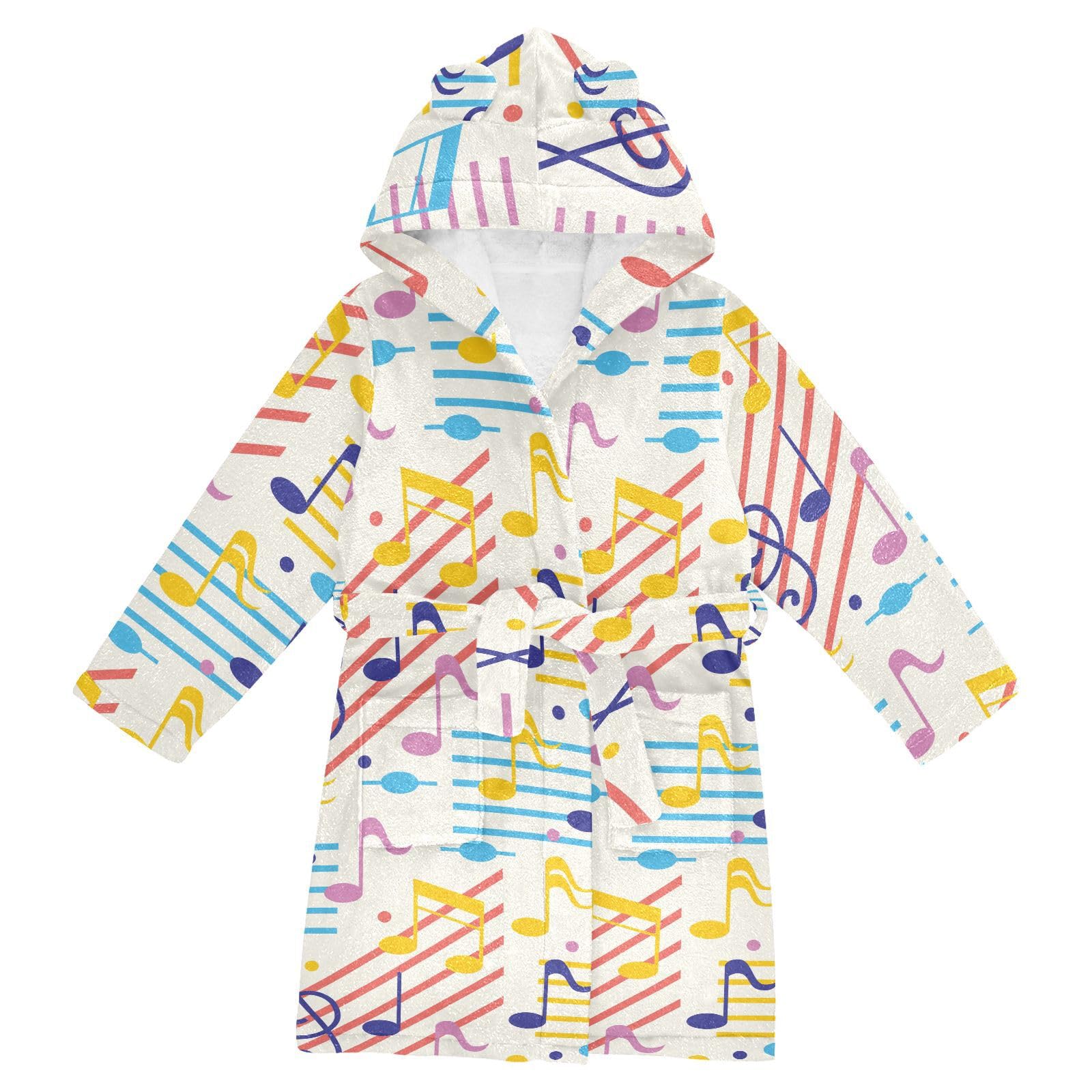 WIFIU Toddler Baby Hooded Bathrobe for Boys Girls Colorful Musical Motes with Lines Printed, Soft Plush Bath Towel Robe with 2 Pockets for 2-3 Years