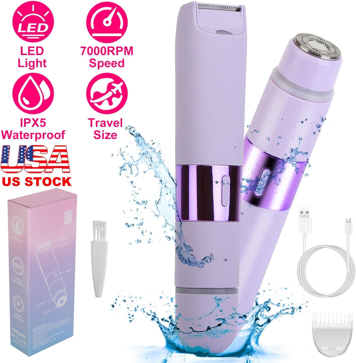 2 in 1 Bikini Trimmer for Women Dual Head Cordless Body Shaver IPX5 Waterproof Rechargeable Pubic Hair Razor Wet and Dry Use for Bikini Underarm Leg A