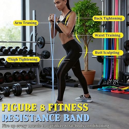 Miniatura 5 de Bandas de resistencia con asas, banda de resistencia de figura 8, bandas elásticas para entrenamiento de gimnasio en casa, pilates, entrenamiento de