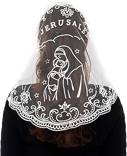 Chapel Veils for Church Catholic Mass Mantilla Veils Catholic - Virgin and Child Embroidery Lace Triangle Head Coverings Floral Church Veil,Catholic Veils for Women,Catholic Gifts for Women, White 1, One Size