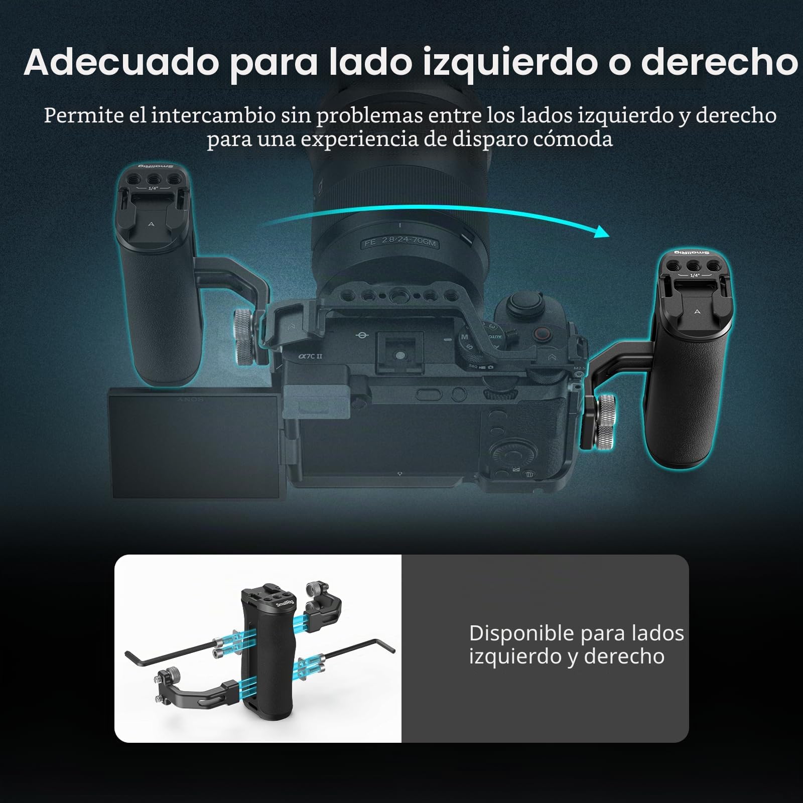 SMALLRIG Mango Lateral Mini con Tornillos de 1/4" -20 para Jaula de Cámara, Ajustable hacia Arriba y hacia Abajo, para Mano Izquierda o Derecha, con Zapata Fría Incorporada y Orificio Roscado - 4756