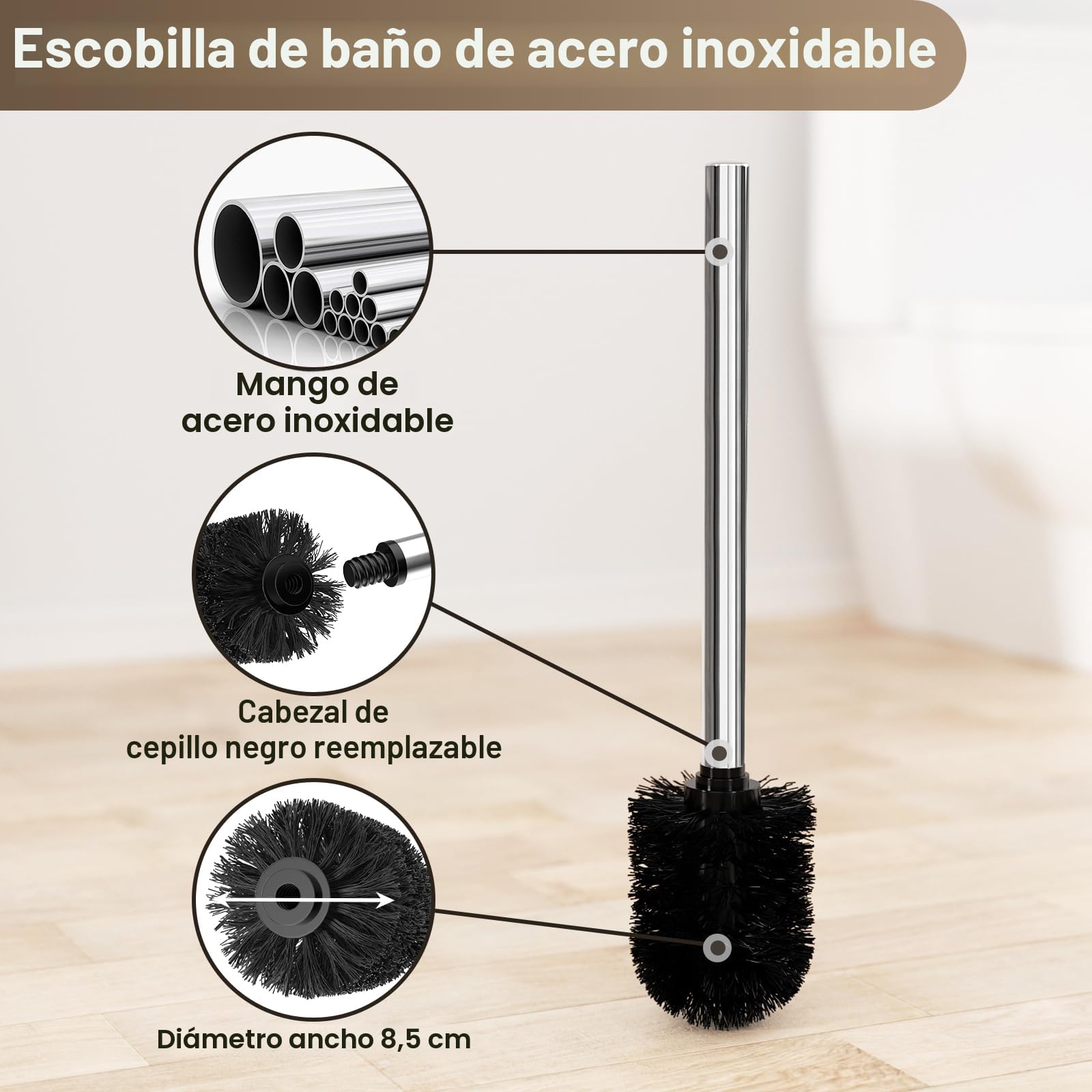 Portarrollos de papel higiénico de pie plateado con cepillo – Set WC con escobilla, bandeja y portarrollos