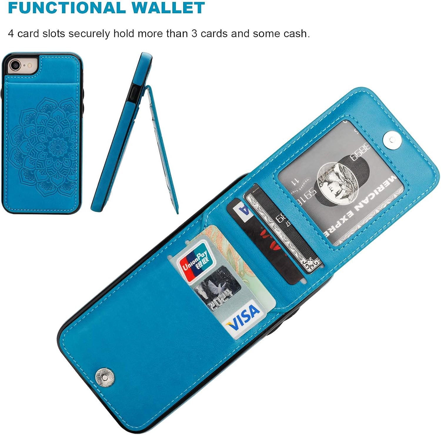 Vaburs iPhone SE(2022)/SE(2020)/8/7 with Wallet Card Holder, Embossed Mandala Pattern Flower PU Leather 4 Card Slots Kickstand Shockproof Protective Flip Cover for iPhone SE3/SE2/8/7 4.7 Inch(Blue)
