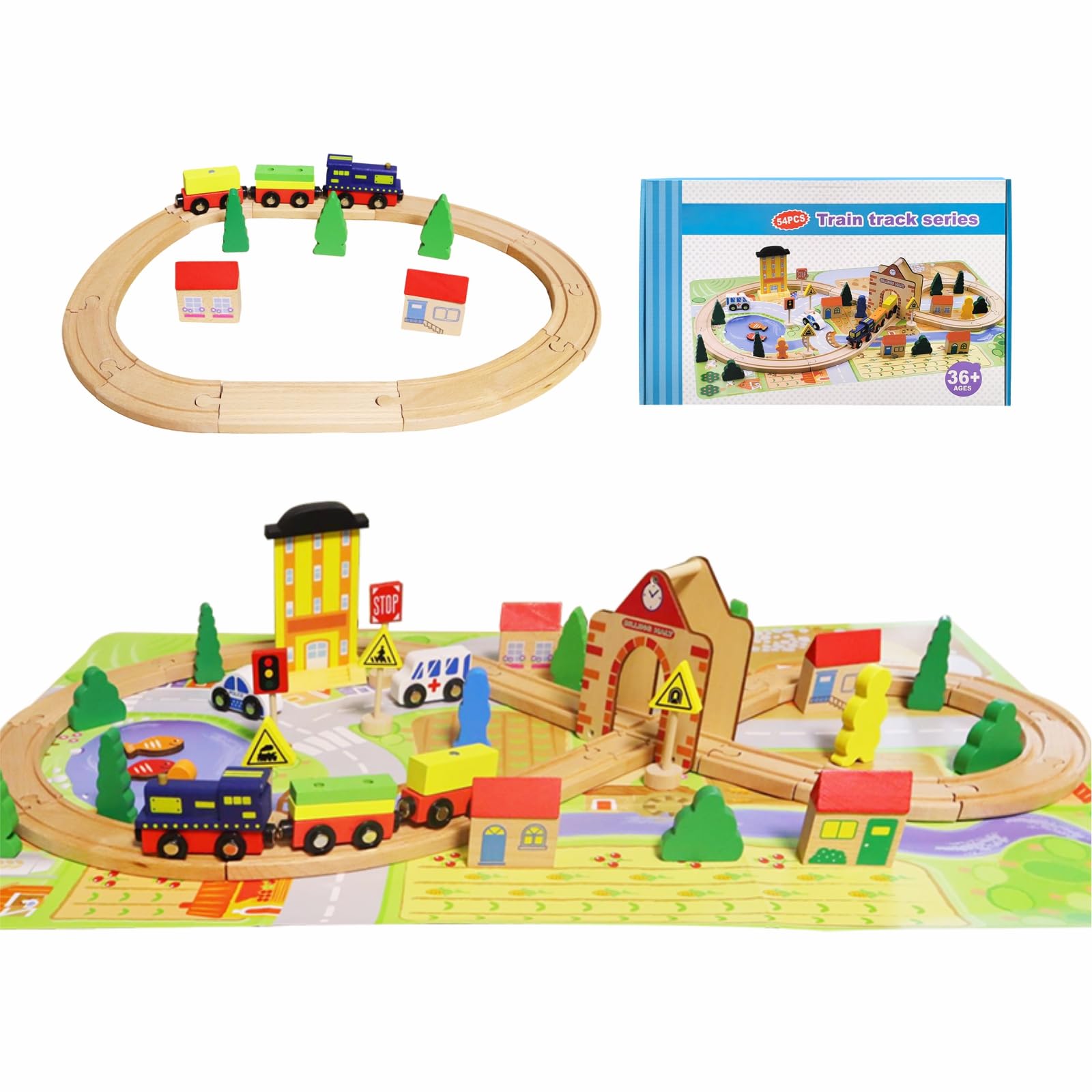54-Piece Magnetic Train Set for Kids, Wooden Railway Set Compatible with Major Brands, Double-Sided Tracks for 3+ Boys and Girls