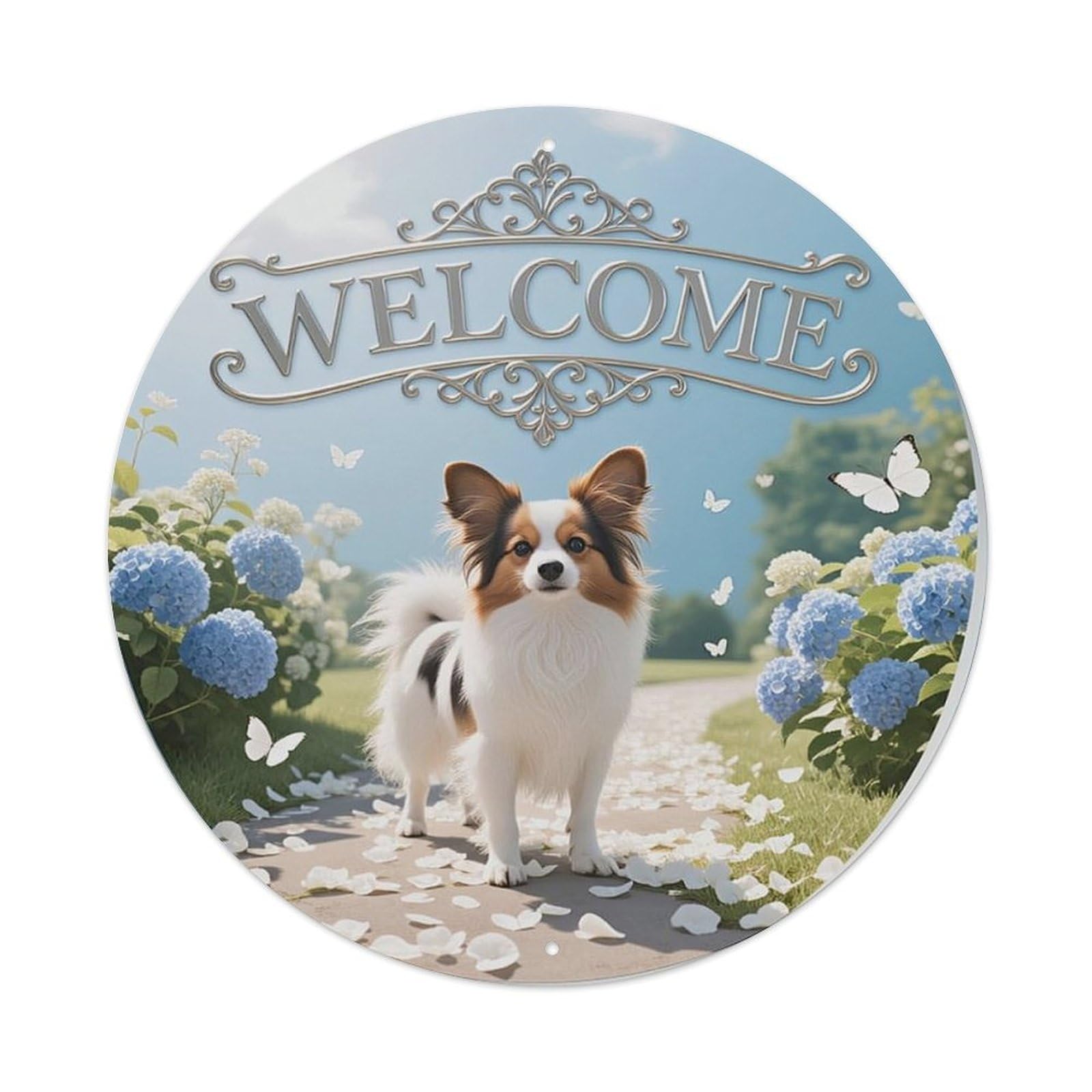 Welcome Dog Garden Path Butterflies Metal Tin Sign