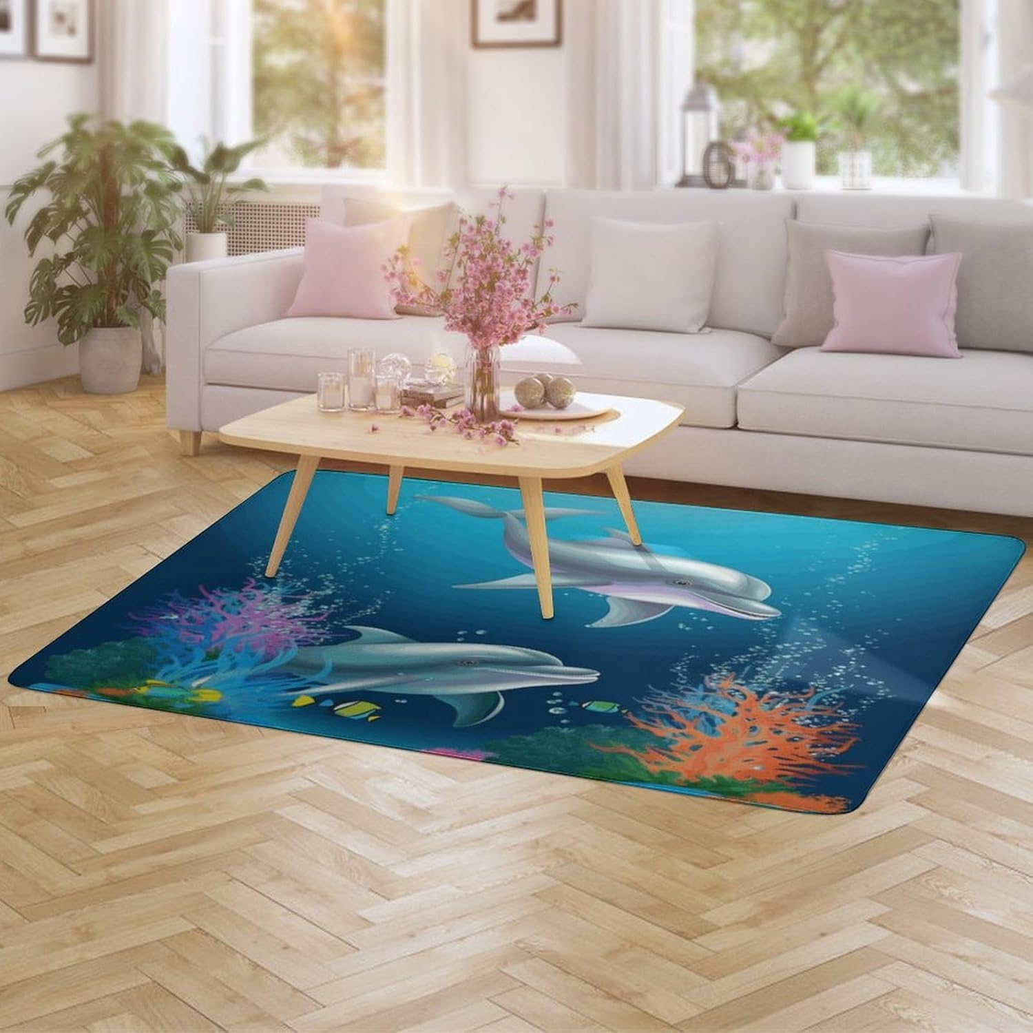 Dolphin and Fish Carpet for Living Room,Washable Dining Room Non-Slip Under Table Rug 40“x60”Large Rugs Lndoor Home Decoration Stain Resistant Carpet for Bedroom