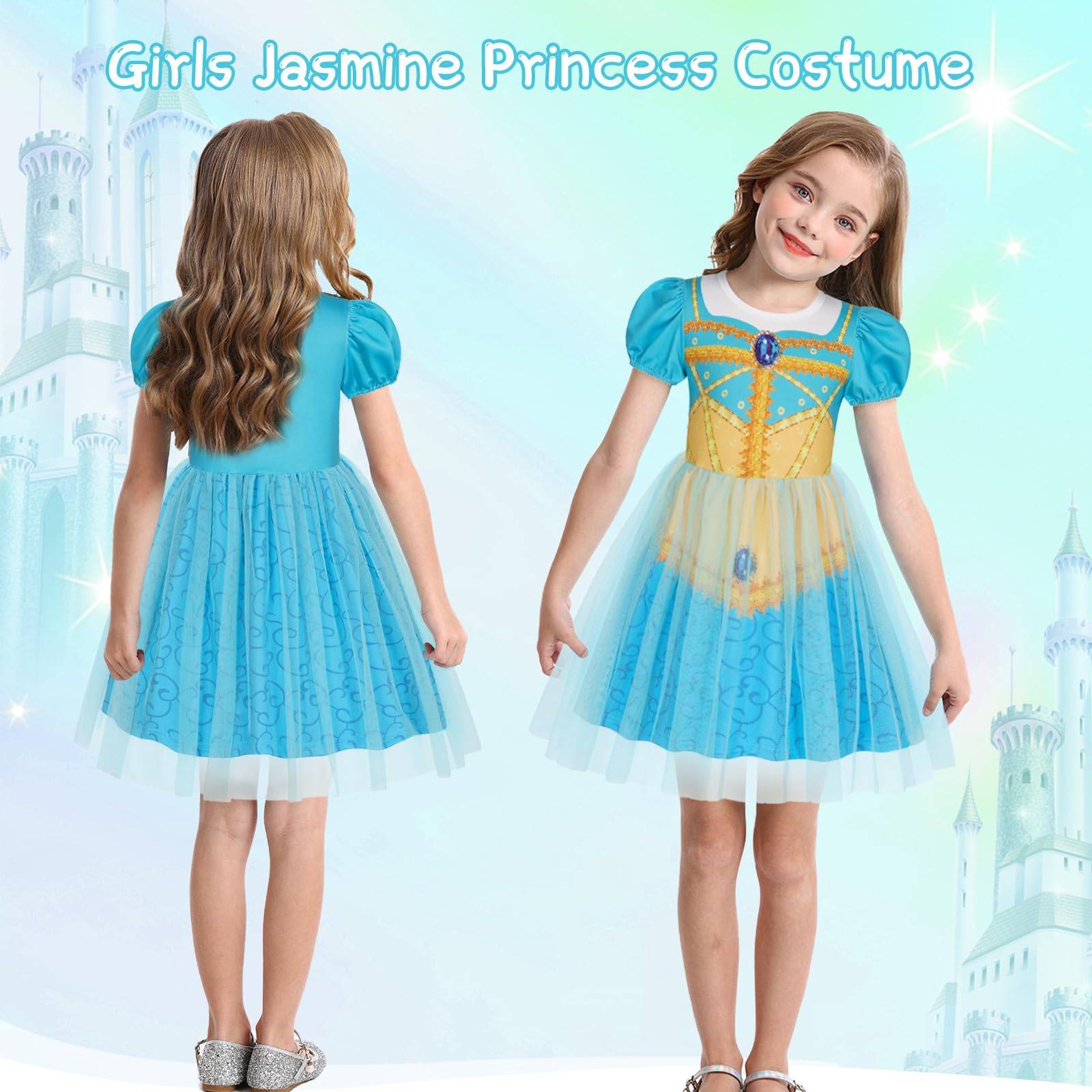 Berich 3D Print Dress Princess Costumes for Girls Dress up Birthday Party Outfits Halloween Christmas Gifts World Book Day Costumes for Girls 4-5 Years(Turquoise,120) - Image 4