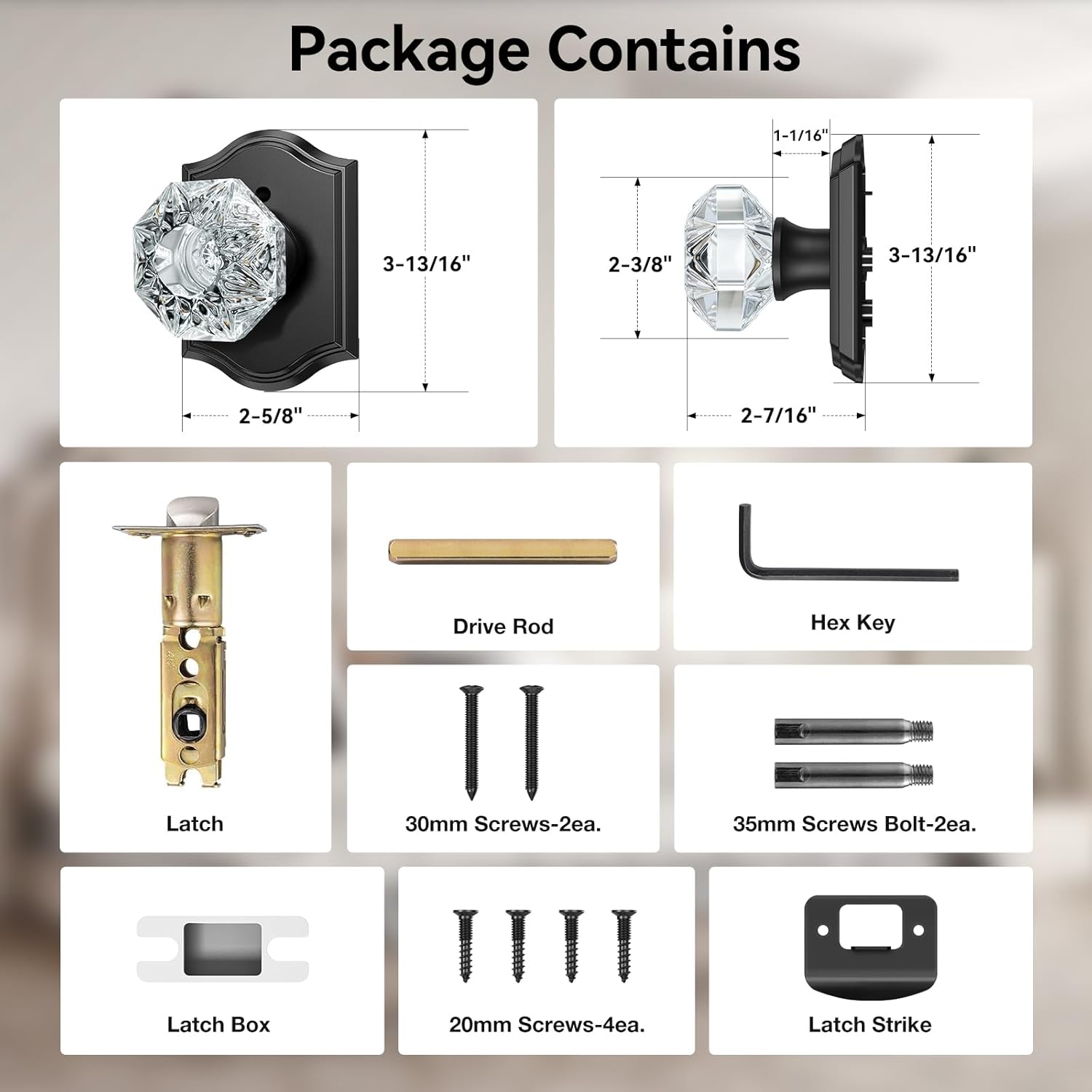 3 Pack Glass Door Knobs, Black Crystal Door Knobs Interior with Lock for Privacy Use, Antique Octagonal Glass Doorknobs for Bedroom Bathroom Interior Doors